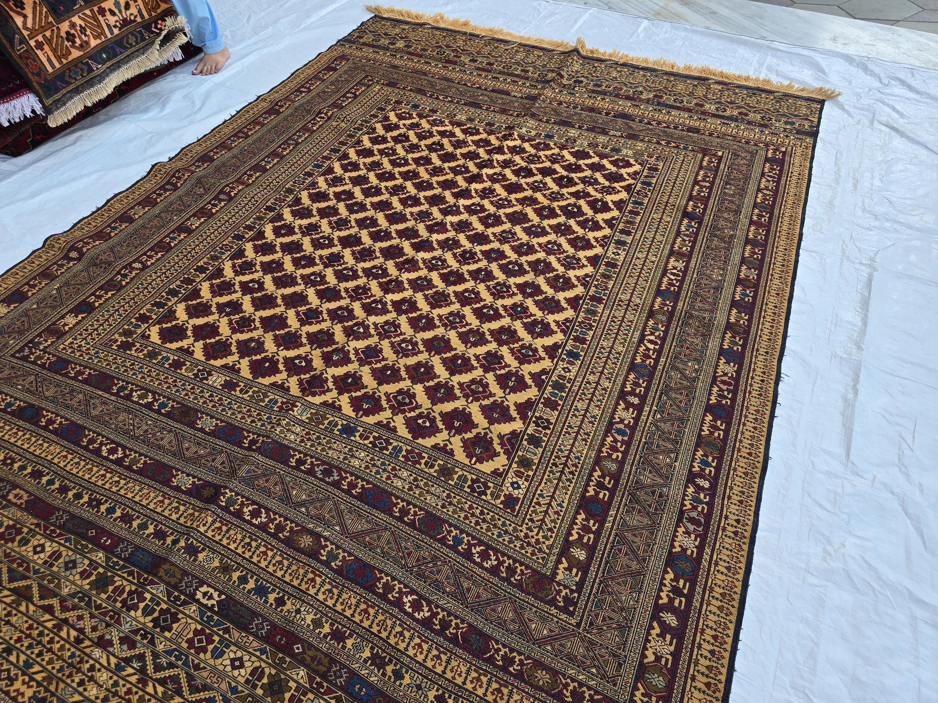 7x10 Beljik Kilim Afghan Handwoven Rug, Turkmen Herati Wool Large Area Rug, Boho Home decor Rug for living room, Bedroom Rug 294x208
