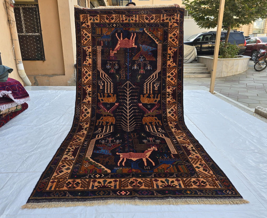 4x9 Vintage Afghan War Rug – Handwoven Tribal Rug with Animal & Tank Motifs –Dark Wool Baluch Carpet, Hallway rug, Living Room, Entrance Rug
