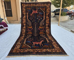 4x9 Vintage Afghan War Rug – Handwoven Tribal Rug with Animal & Tank Motifs –Dark Wool Baluch Carpet, Hallway rug, Living Room, Entrance Rug
