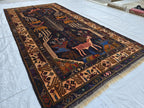4x9 Vintage Afghan War Rug – Handwoven Tribal Rug with Animal & Tank Motifs –Dark Wool Baluch Carpet, Hallway rug, Living Room, Entrance Rug