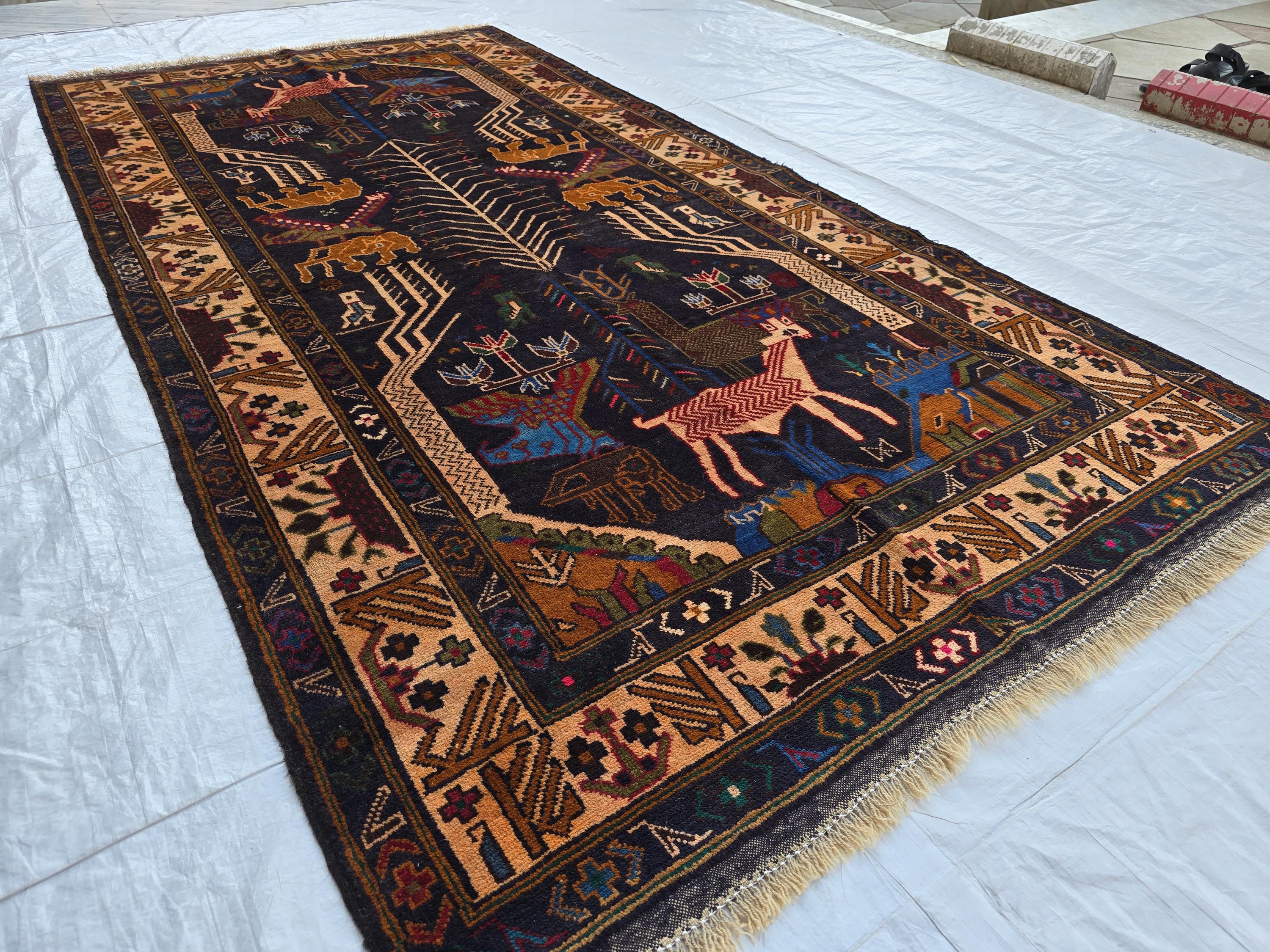 4x9 Vintage Afghan War Rug – Handwoven Tribal Rug with Animal & Tank Motifs –Dark Wool Baluch Carpet, Hallway rug, Living Room, Entrance Rug
