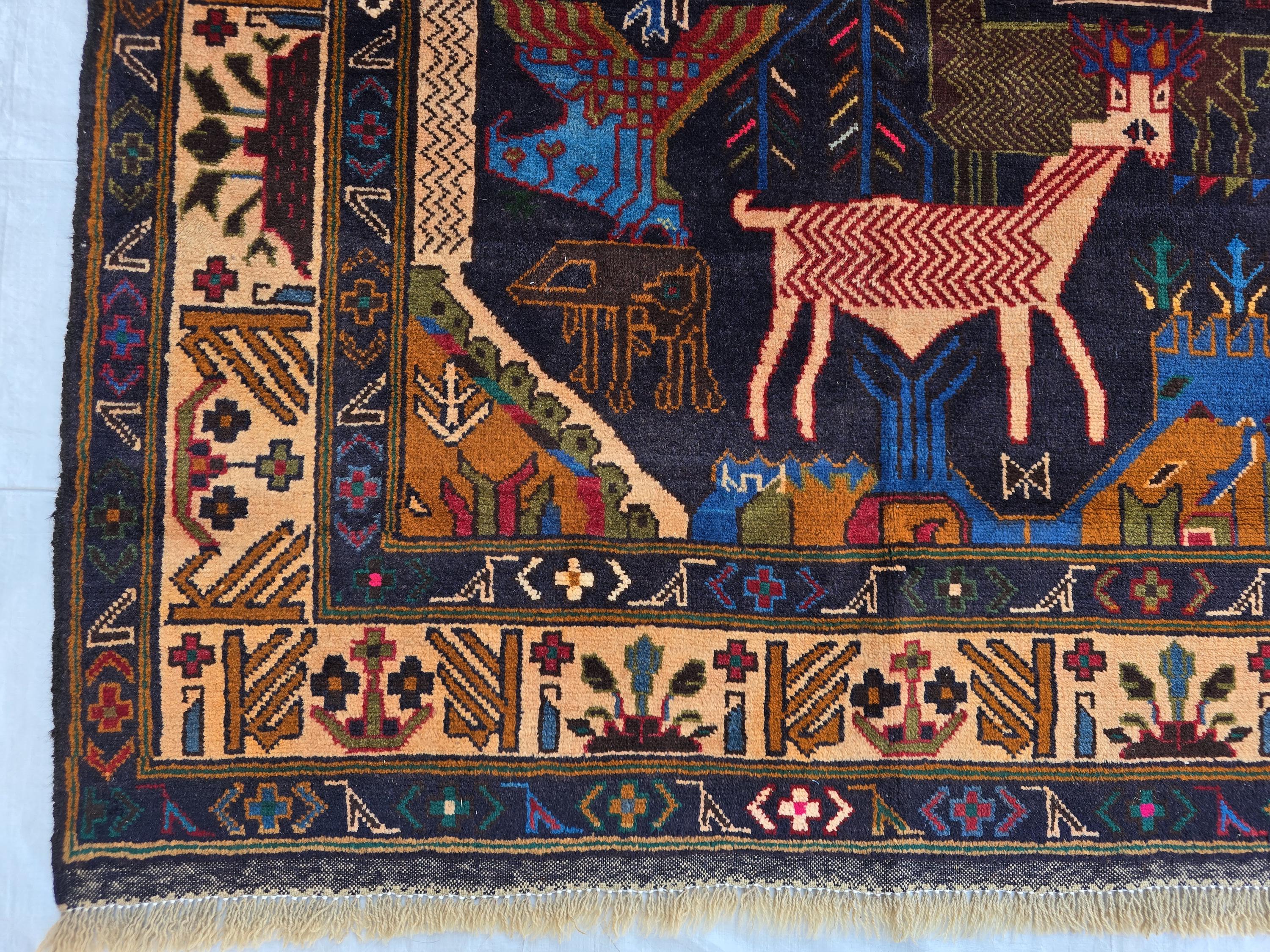 4x9 Vintage Afghan War Rug – Handwoven Tribal Rug with Animal & Tank Motifs –Dark Wool Baluch Carpet, Hallway rug, Living Room, Entrance Rug