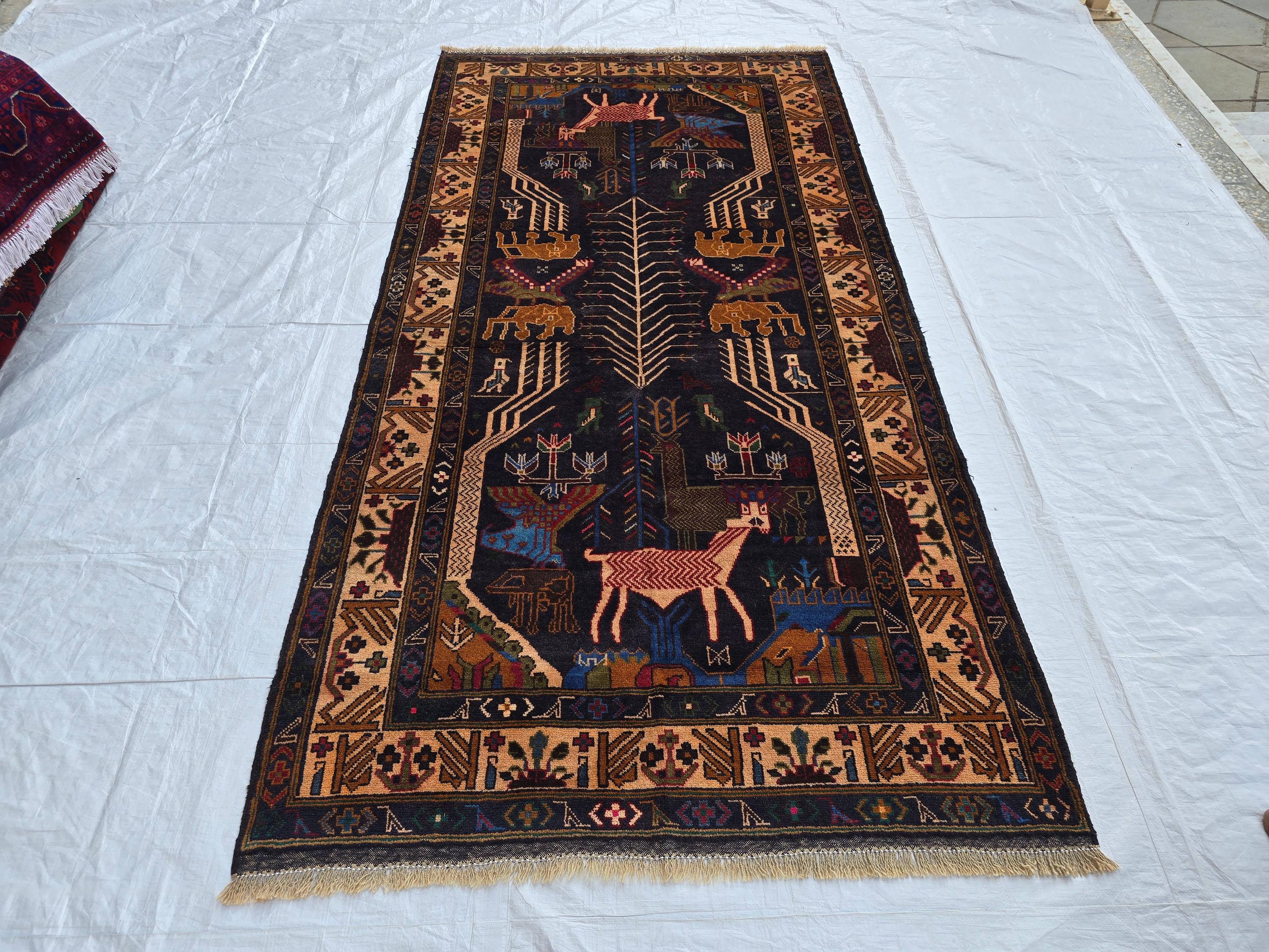 4x9 Vintage Afghan War Rug – Handwoven Tribal Rug with Animal & Tank Motifs –Dark Wool Baluch Carpet, Hallway rug, Living Room, Entrance Rug