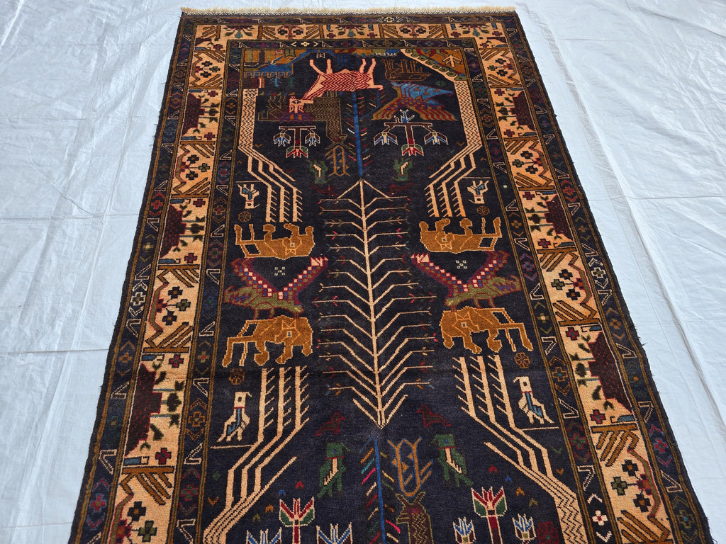 4x9 Vintage Afghan War Rug – Handwoven Tribal Rug with Animal & Tank Motifs –Dark Wool Baluch Carpet, Hallway rug, Living Room, Entrance Rug