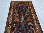 4x9 Vintage Afghan War Rug – Handwoven Tribal Rug with Animal & Tank Motifs –Dark Wool Baluch Carpet, Hallway rug, Living Room, Entrance Rug