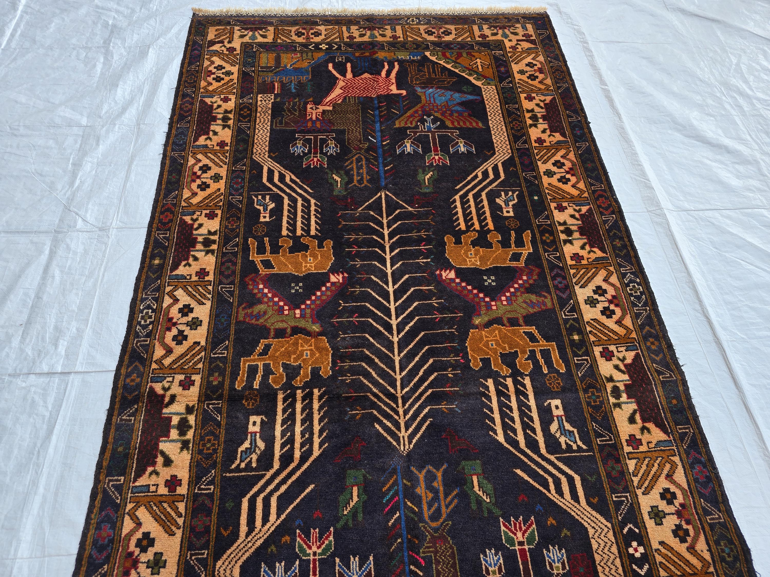 4x9 Vintage Afghan War Rug – Handwoven Tribal Rug with Animal & Tank Motifs –Dark Wool Baluch Carpet, Hallway rug, Living Room, Entrance Rug