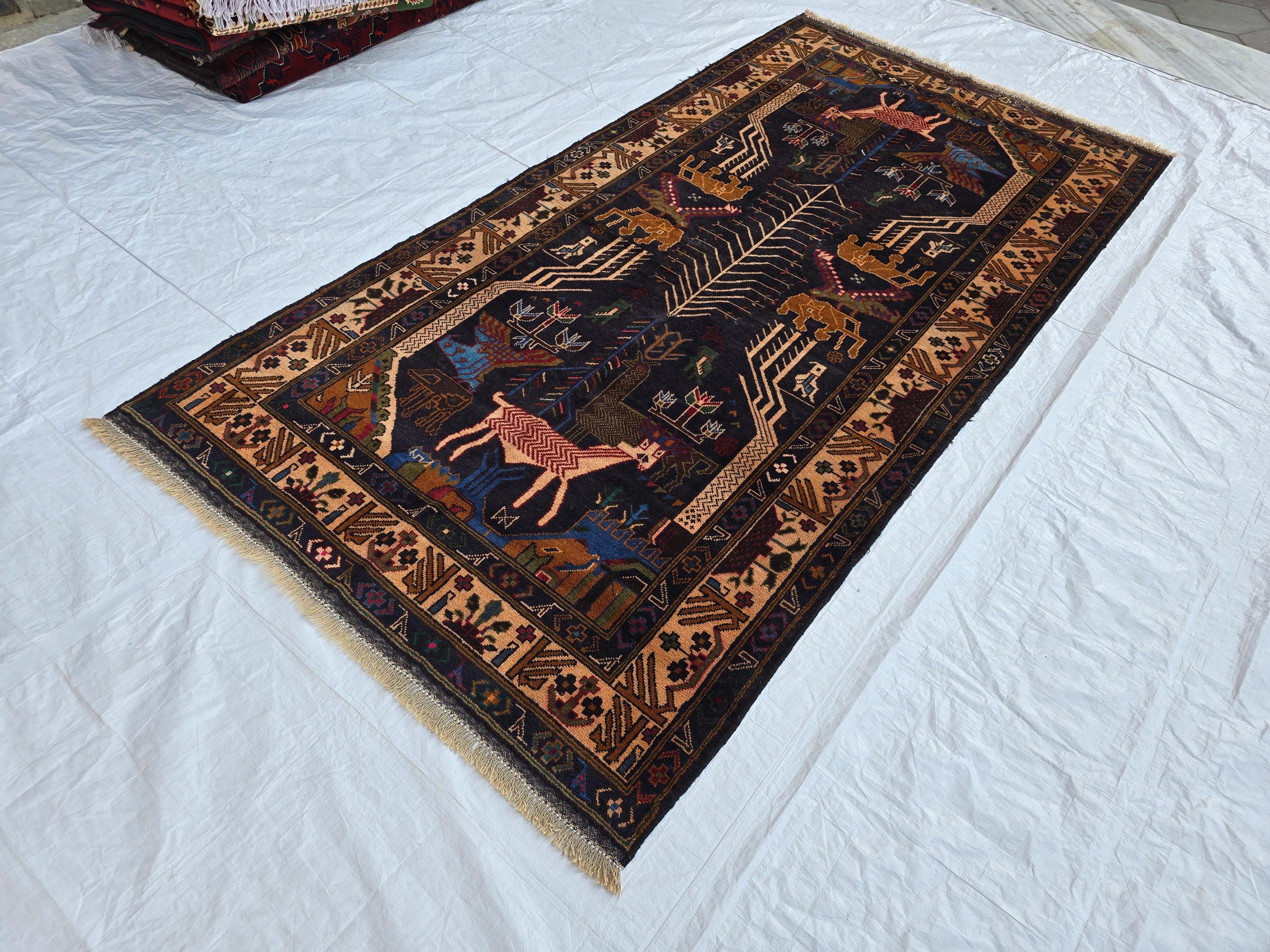 4x9 Vintage Afghan War Rug – Handwoven Tribal Rug with Animal & Tank Motifs –Dark Wool Baluch Carpet, Hallway rug, Living Room, Entrance Rug