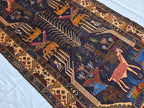 4x9 Vintage Afghan War Rug – Handwoven Tribal Rug with Animal & Tank Motifs –Dark Wool Baluch Carpet, Hallway rug, Living Room, Entrance Rug