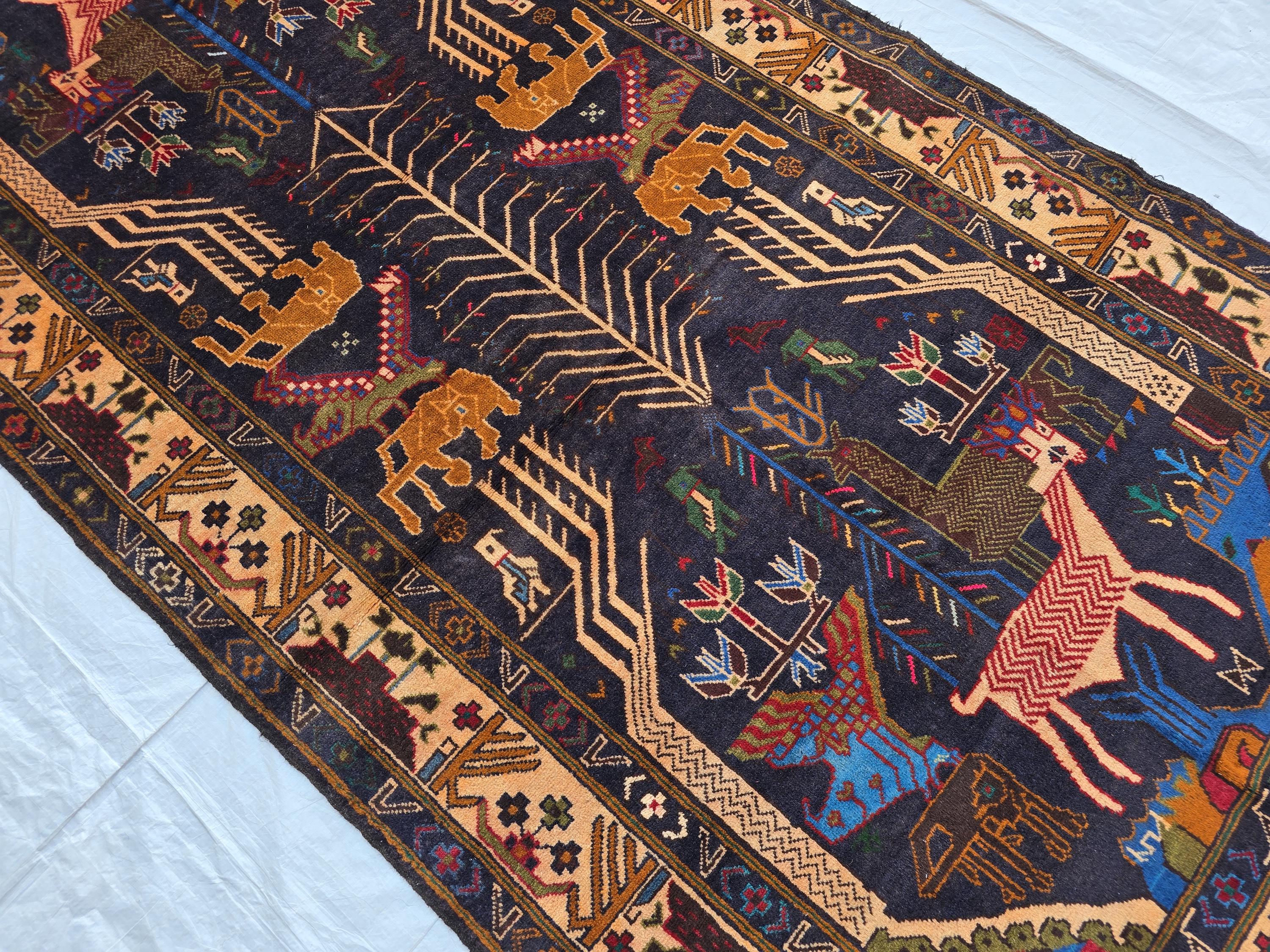 4x9 Vintage Afghan War Rug – Handwoven Tribal Rug with Animal & Tank Motifs –Dark Wool Baluch Carpet, Hallway rug, Living Room, Entrance Rug