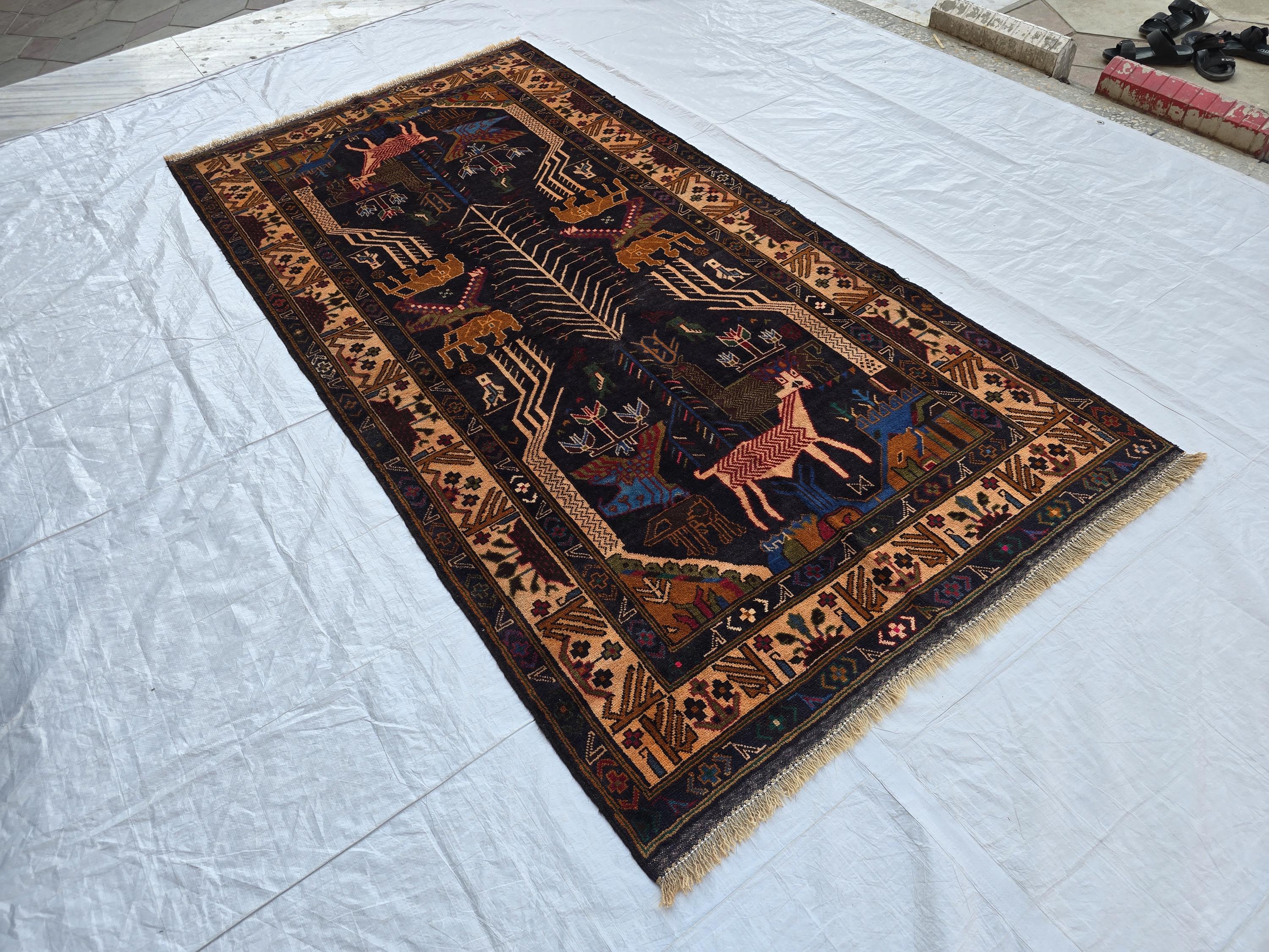 4x9 Vintage Afghan War Rug – Handwoven Tribal Rug with Animal & Tank Motifs –Dark Wool Baluch Carpet, Hallway rug, Living Room, Entrance Rug