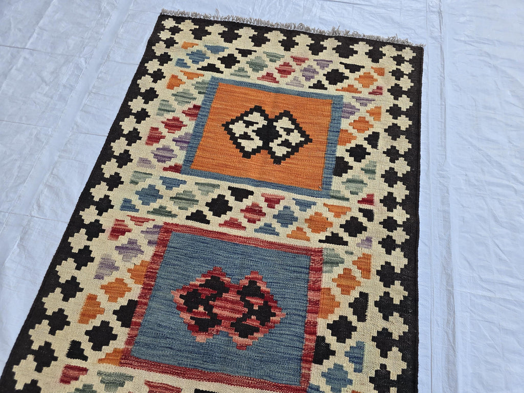 3x4 Small Afghan Handmade Tribal Kilim Rug, Turkmen Geometric Wool Accent Rug, Entrance Rug, Kitchen Rug, Hallway short Rug, Boho Home Decor