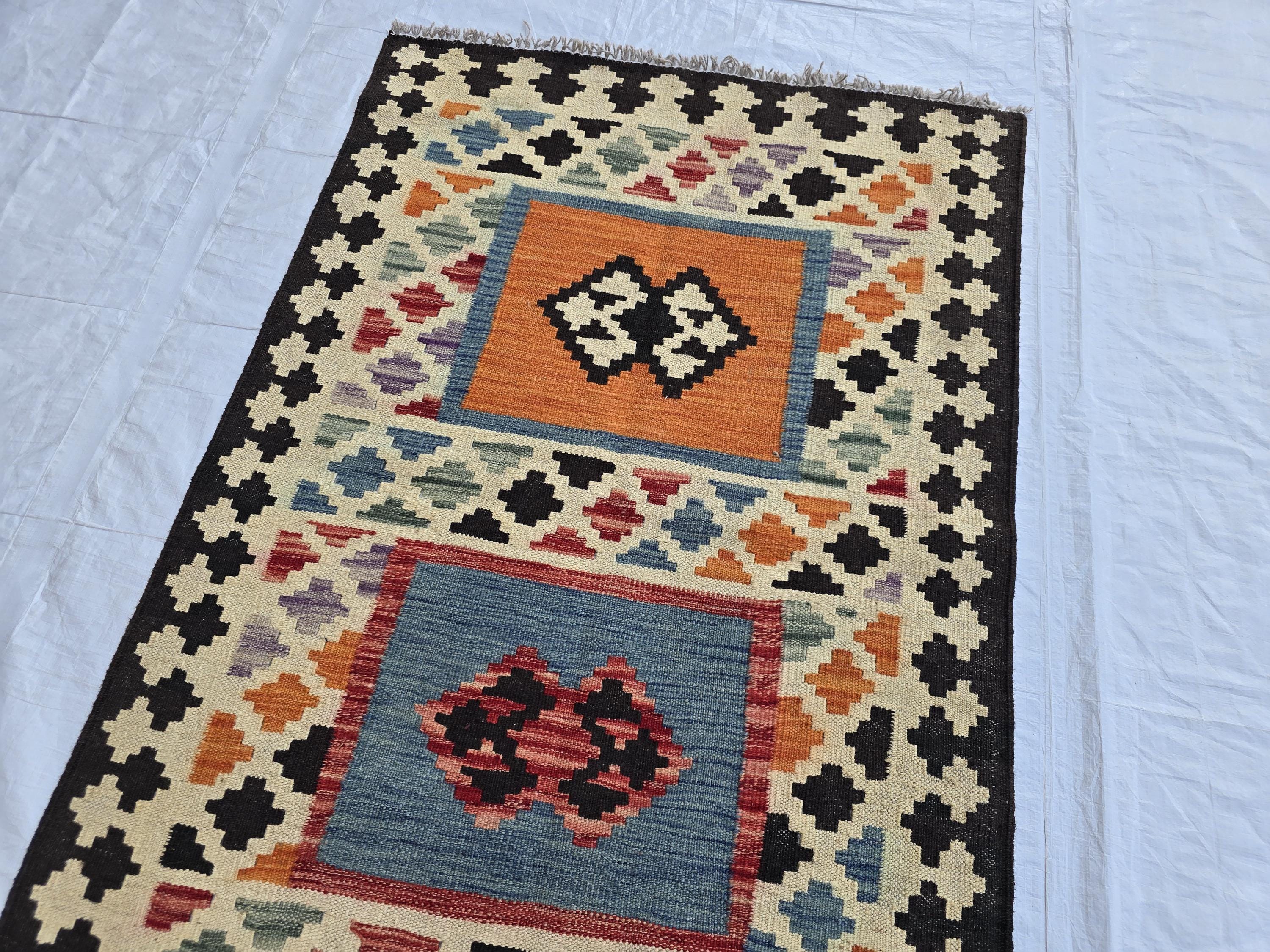 3x4 Small Afghan Handmade Tribal Kilim Rug, Turkmen Geometric Wool Accent Rug, Entrance Rug, Kitchen Rug, Hallway short Rug, Boho Home Decor