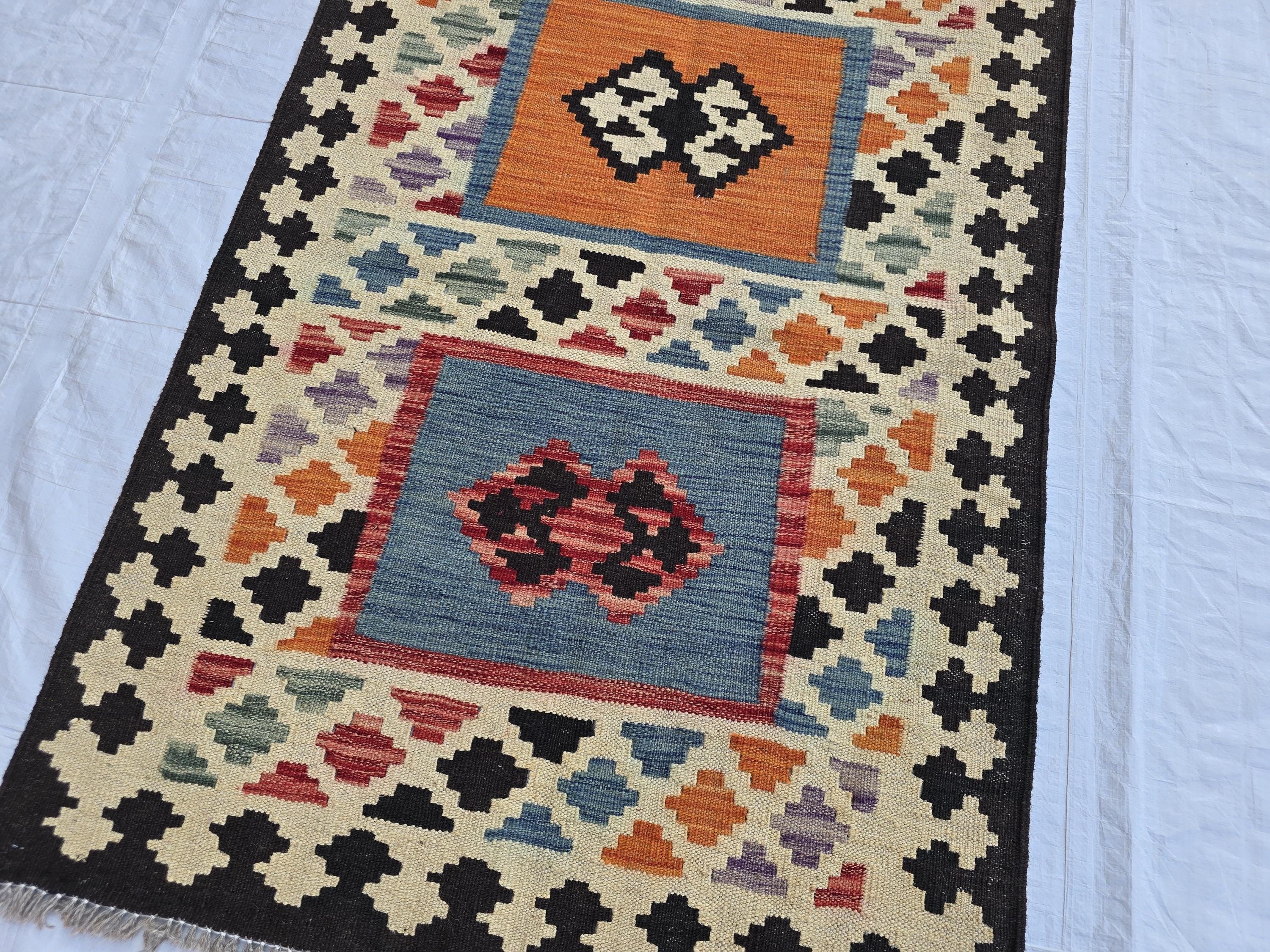 3x4 Small Afghan Handmade Tribal Kilim Rug, Turkmen Geometric Wool Accent Rug, Entrance Rug, Kitchen Rug, Hallway short Rug, Boho Home Decor