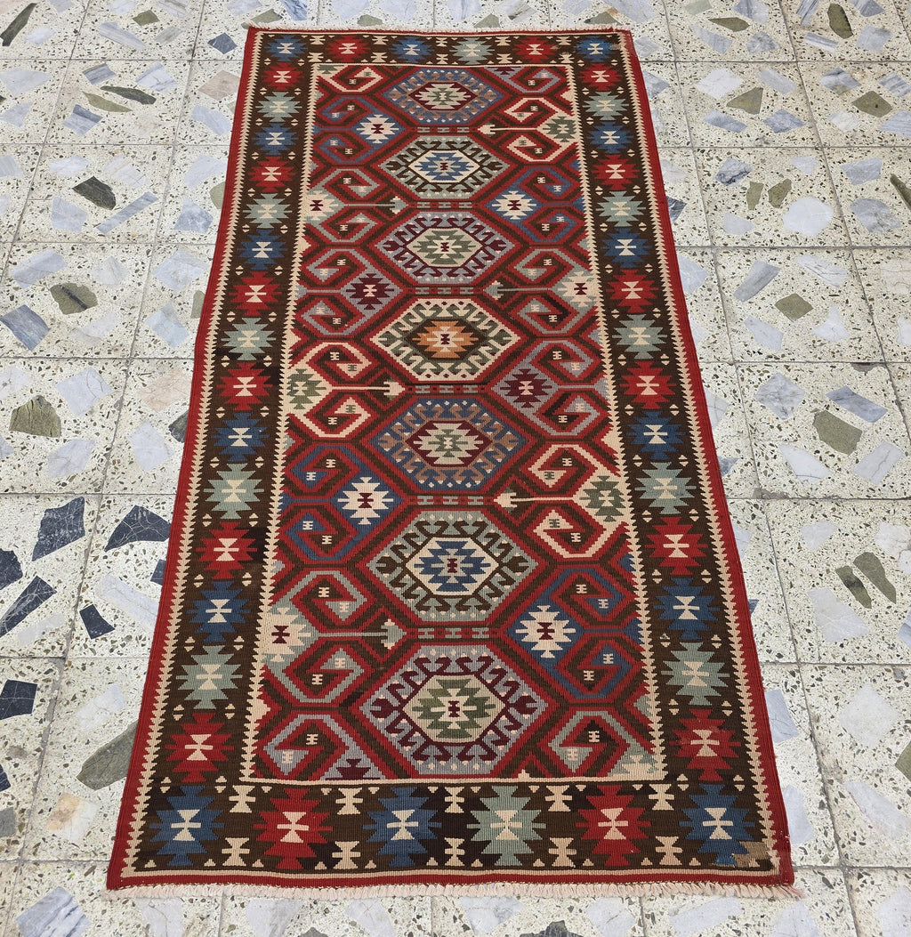 3x6 Afghan Kilim Rug – Tribal Geometric Pattern, Red Multicolor Flatweave Runner – Handmade Wool Boho Decor, Medium Hallway Entrance Rug