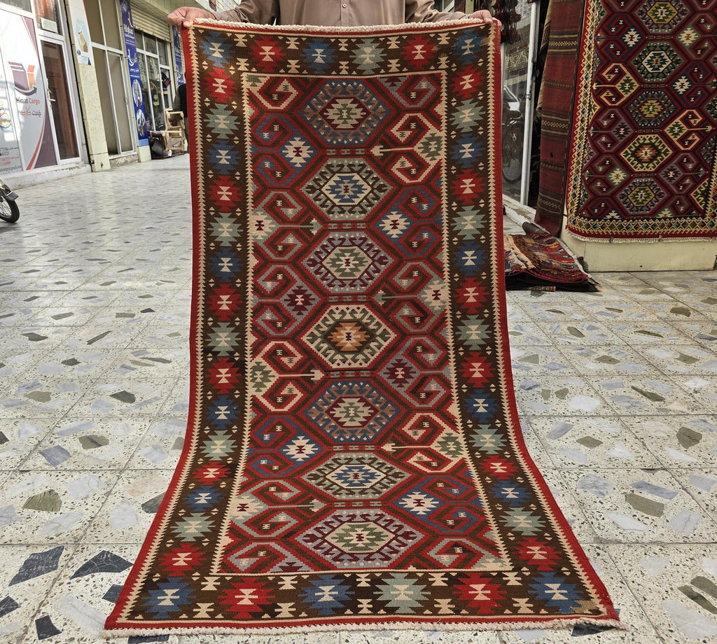 3x6 Afghan Kilim Rug – Tribal Geometric Pattern, Red Multicolor Flatweave Runner – Handmade Wool Boho Decor, Medium Hallway Entrance Rug