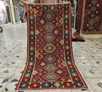 3x6 Afghan Kilim Rug – Tribal Geometric Pattern, Red Multicolor Flatweave Runner – Handmade Wool Boho Decor, Medium Hallway Entrance Rug