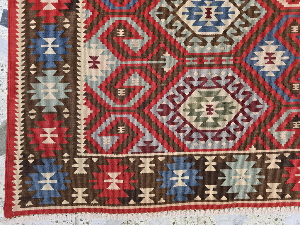3x6 Afghan Kilim Rug – Tribal Geometric Pattern, Red Multicolor Flatweave Runner – Handmade Wool Boho Decor, Medium Hallway Entrance Rug
