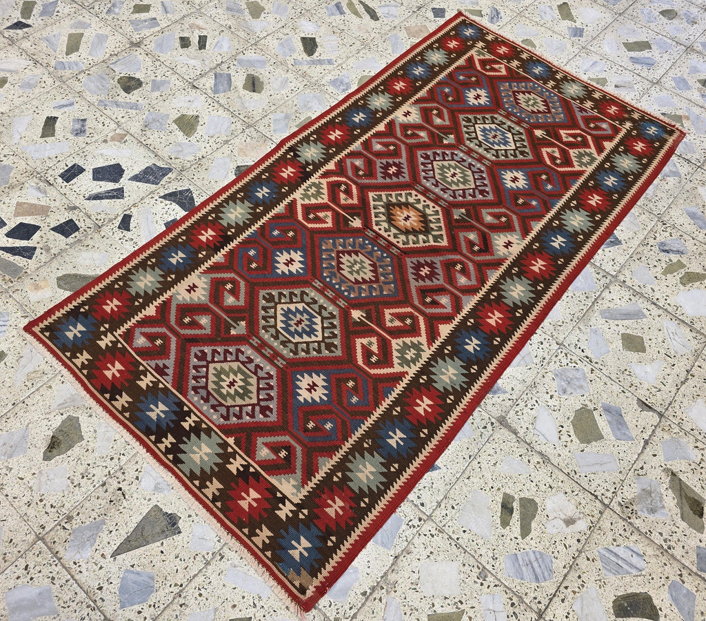 3x6 Afghan Kilim Rug – Tribal Geometric Pattern, Red Multicolor Flatweave Runner – Handmade Wool Boho Decor, Medium Hallway Entrance Rug