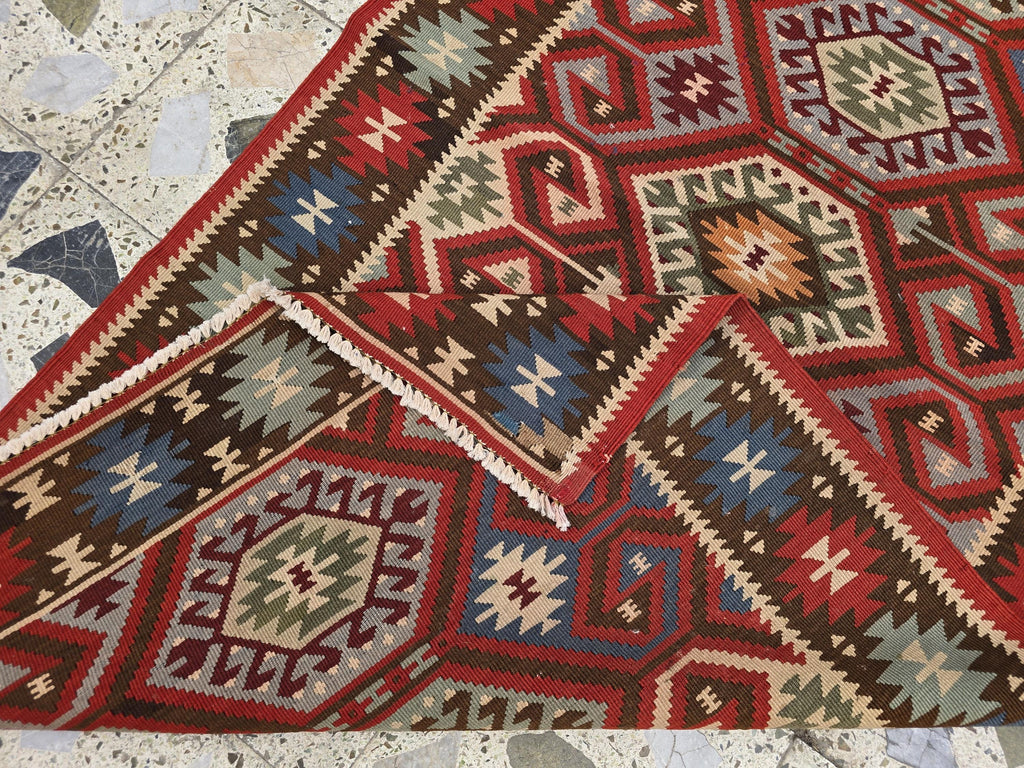 3x6 Afghan Kilim Rug – Tribal Geometric Pattern, Red Multicolor Flatweave Runner – Handmade Wool Boho Decor, Medium Hallway Entrance Rug