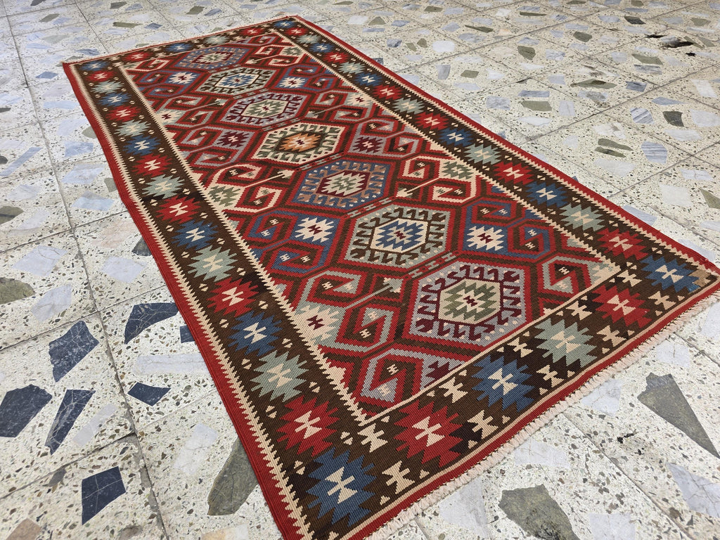 3x6 Afghan Kilim Rug – Tribal Geometric Pattern, Red Multicolor Flatweave Runner – Handmade Wool Boho Decor, Medium Hallway Entrance Rug