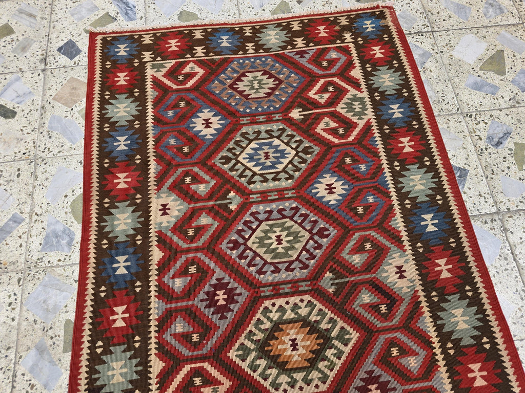 3x6 Afghan Kilim Rug – Tribal Geometric Pattern, Red Multicolor Flatweave Runner – Handmade Wool Boho Decor, Medium Hallway Entrance Rug