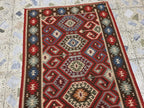3x6 Afghan Kilim Rug – Tribal Geometric Pattern, Red Multicolor Flatweave Runner – Handmade Wool Boho Decor, Medium Hallway Entrance Rug