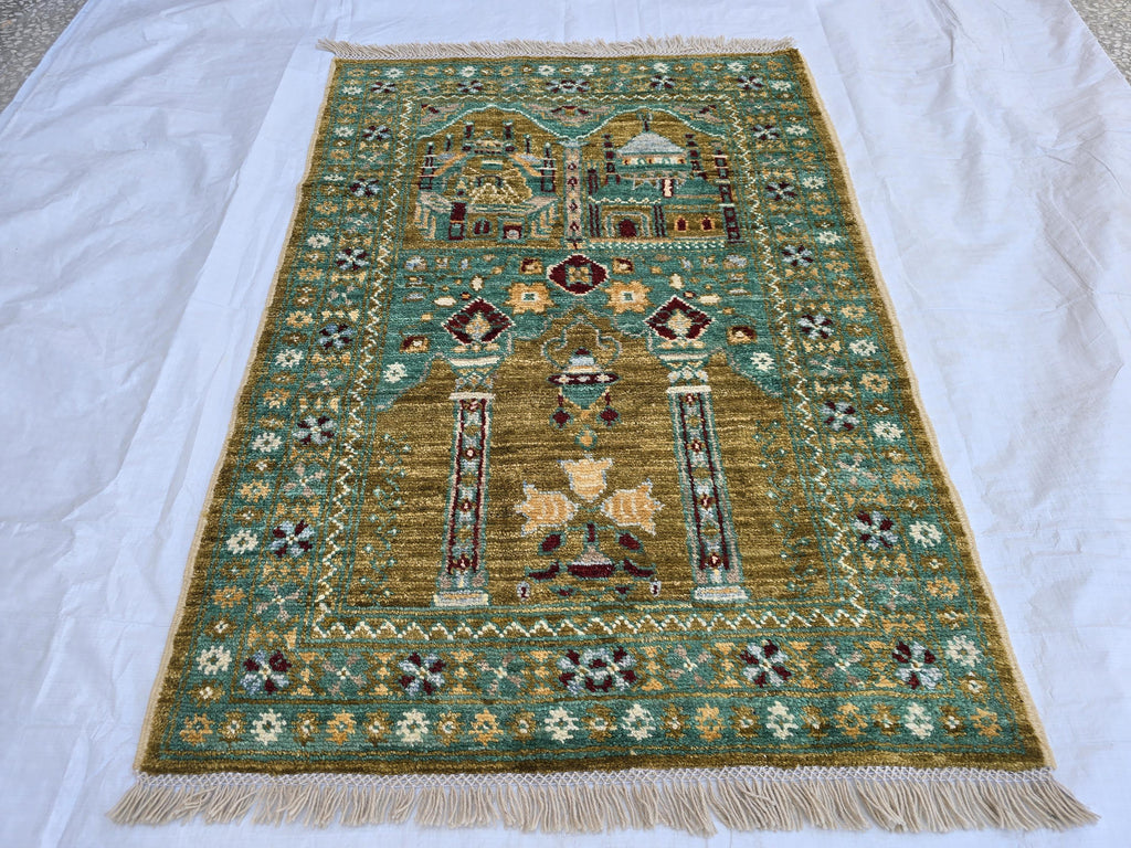 3x5 Turkmen Handwoven Jai Namaz, Rich Green Geometric Sift Pile Mat, Turkmen Wool Area Rug, Wall Hanging Rug, Home Decor, Afghan Art