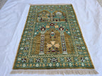 3x5 Turkmen Handwoven Jai Namaz, Rich Green Geometric Sift Pile Mat, Turkmen Wool Area Rug, Wall Hanging Rug, Home Decor, Afghan Art