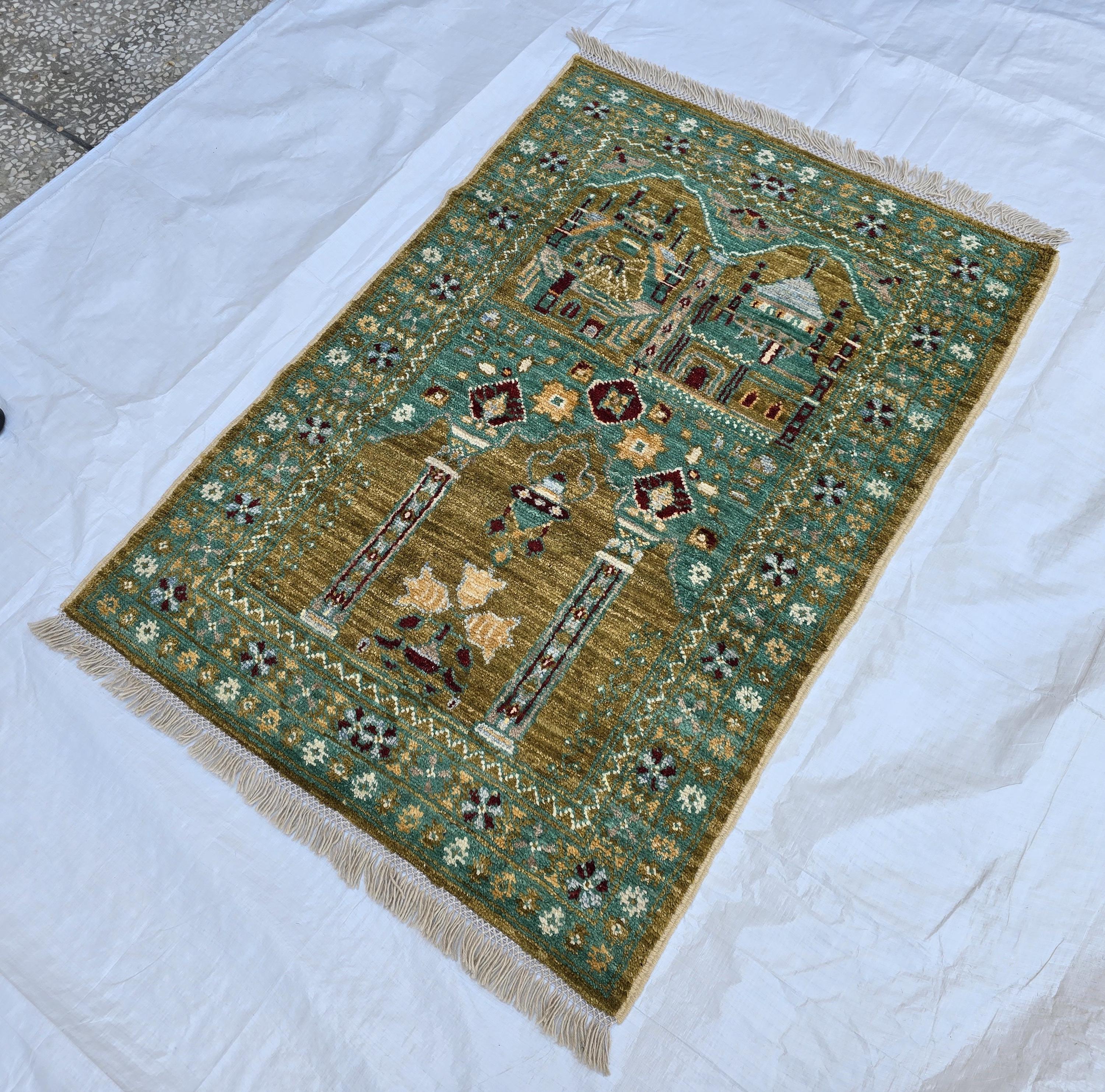 3x5 Turkmen Handwoven Jai Namaz, Rich Green Geometric Sift Pile Mat, Turkmen Wool Area Rug, Wall Hanging Rug, Home Decor, Afghan Art