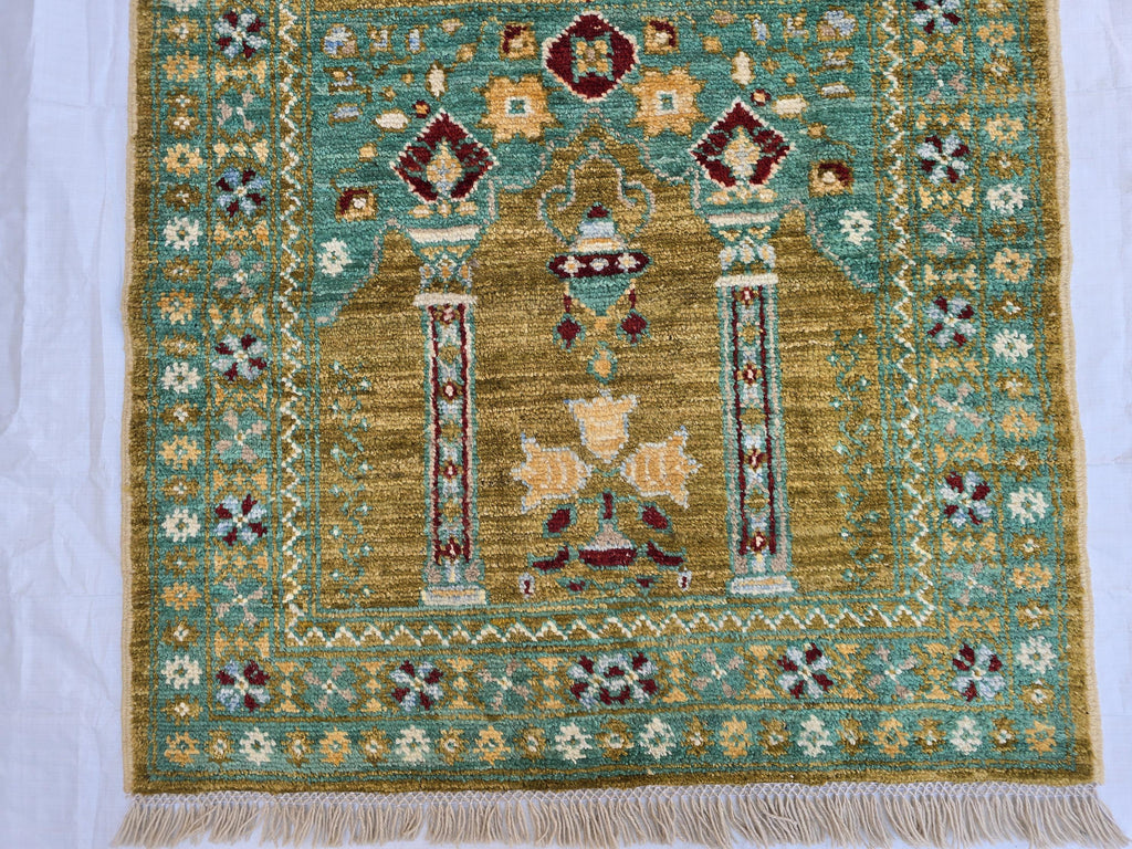 3x5 Turkmen Handwoven Jai Namaz, Rich Green Geometric Sift Pile Mat, Turkmen Wool Area Rug, Wall Hanging Rug, Home Decor, Afghan Art