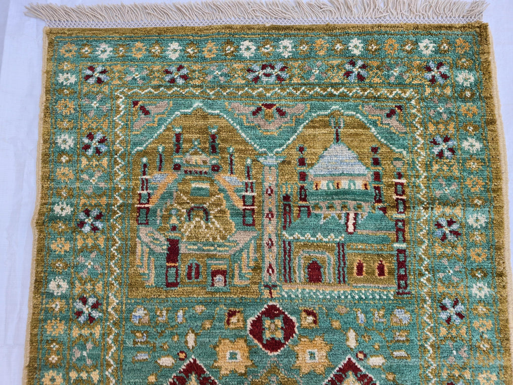 3x5 Turkmen Handwoven Jai Namaz, Rich Green Geometric Sift Pile Mat, Turkmen Wool Area Rug, Wall Hanging Rug, Home Decor, Afghan Art