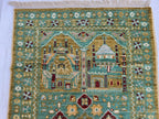 3x5 Turkmen Handwoven Jai Namaz, Rich Green Geometric Sift Pile Mat, Turkmen Wool Area Rug, Wall Hanging Rug, Home Decor, Afghan Art