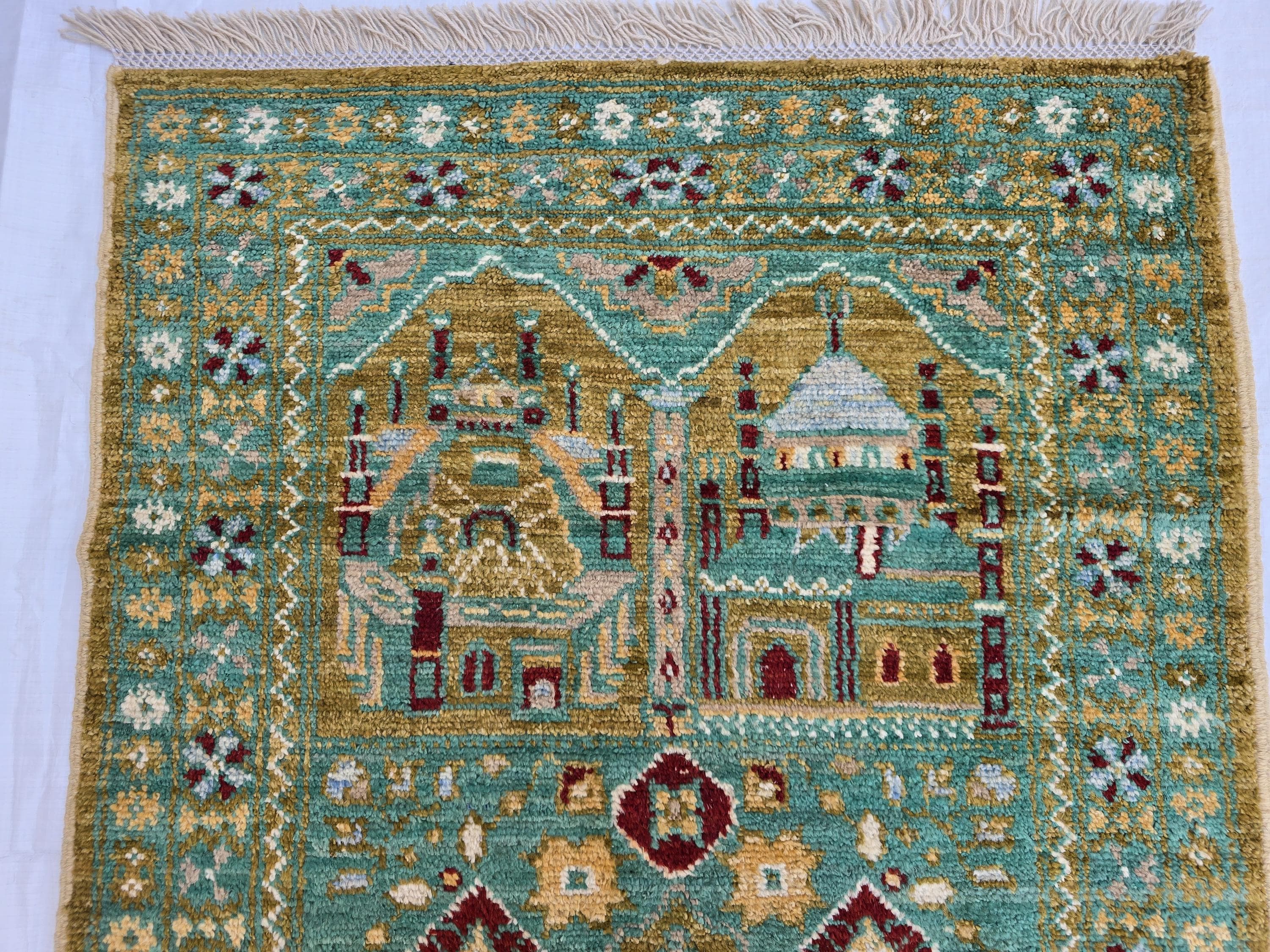 3x5 Turkmen Handwoven Jai Namaz, Rich Green Geometric Sift Pile Mat, Turkmen Wool Area Rug, Wall Hanging Rug, Home Decor, Afghan Art