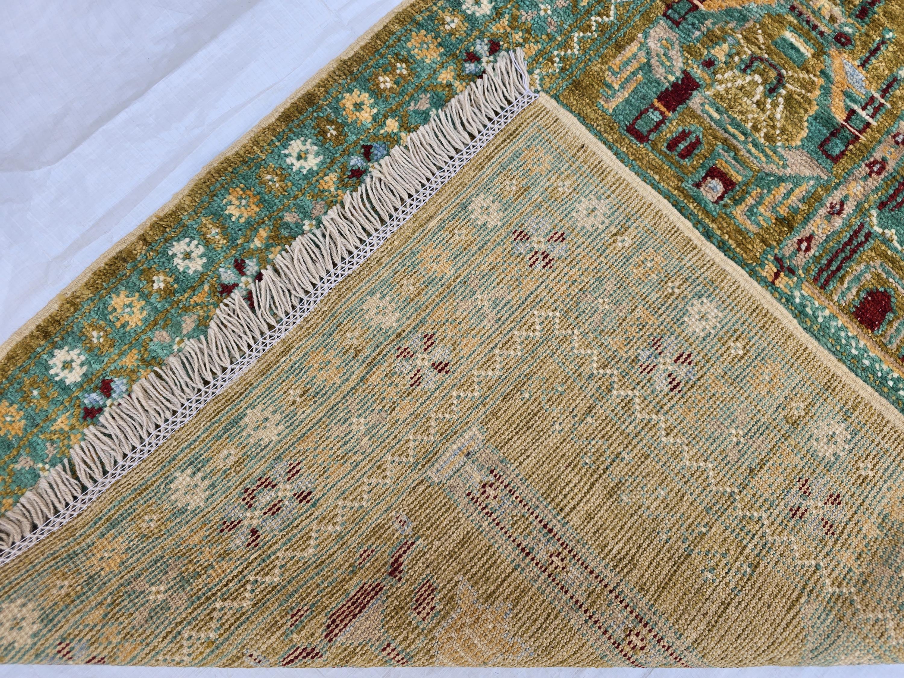 3x5 Turkmen Handwoven Jai Namaz, Rich Green Geometric Sift Pile Mat, Turkmen Wool Area Rug, Wall Hanging Rug, Home Decor, Afghan Art