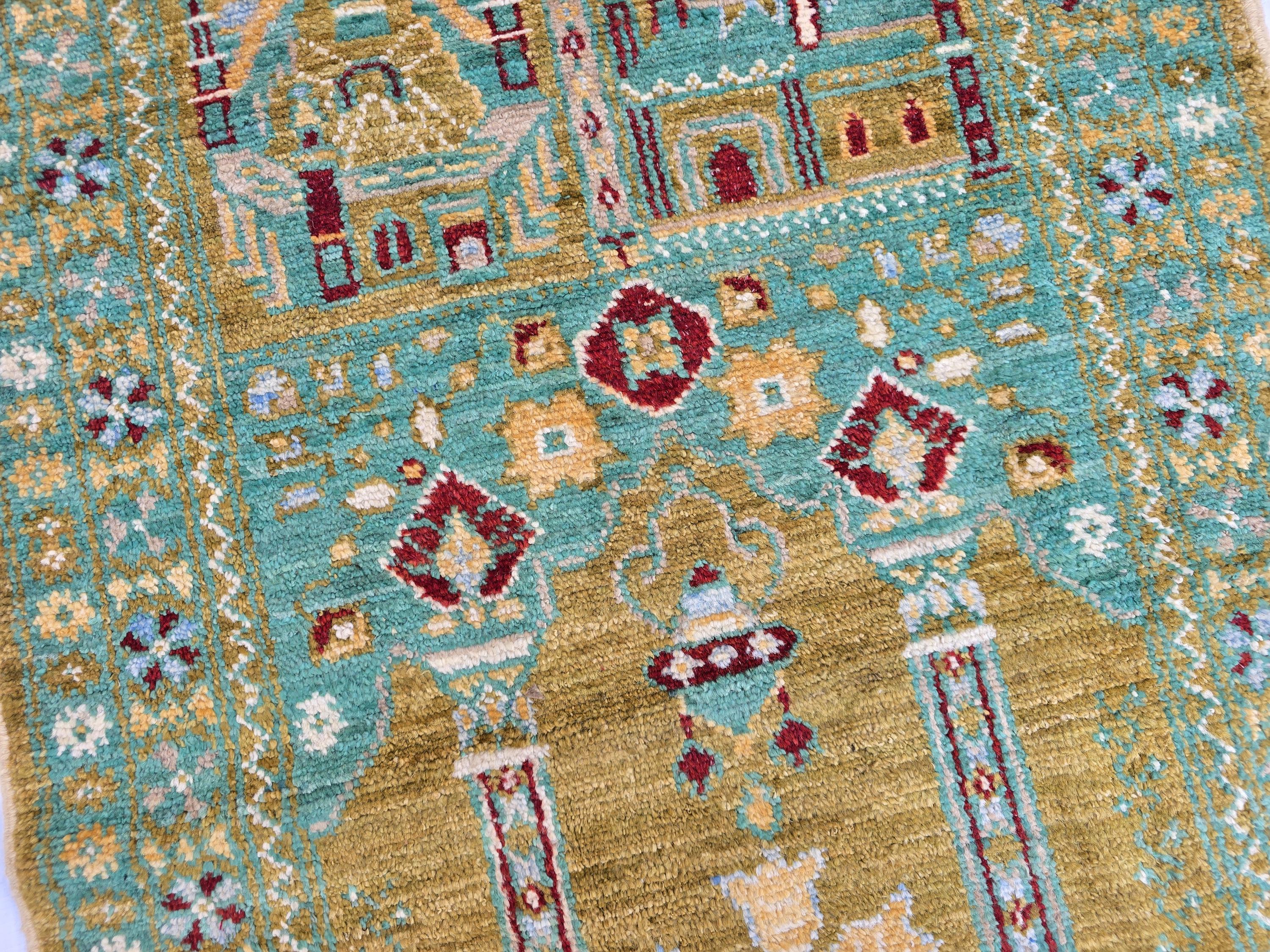 3x5 Turkmen Handwoven Jai Namaz, Rich Green Geometric Sift Pile Mat, Turkmen Wool Area Rug, Wall Hanging Rug, Home Decor, Afghan Art