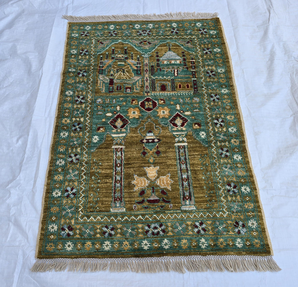 3x5 Turkmen Handwoven Jai Namaz, Rich Green Geometric Sift Pile Mat, Turkmen Wool Area Rug, Wall Hanging Rug, Home Decor, Afghan Art