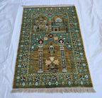3x5 Turkmen Handwoven Jai Namaz, Rich Green Geometric Sift Pile Mat, Turkmen Wool Area Rug, Wall Hanging Rug, Home Decor, Afghan Art