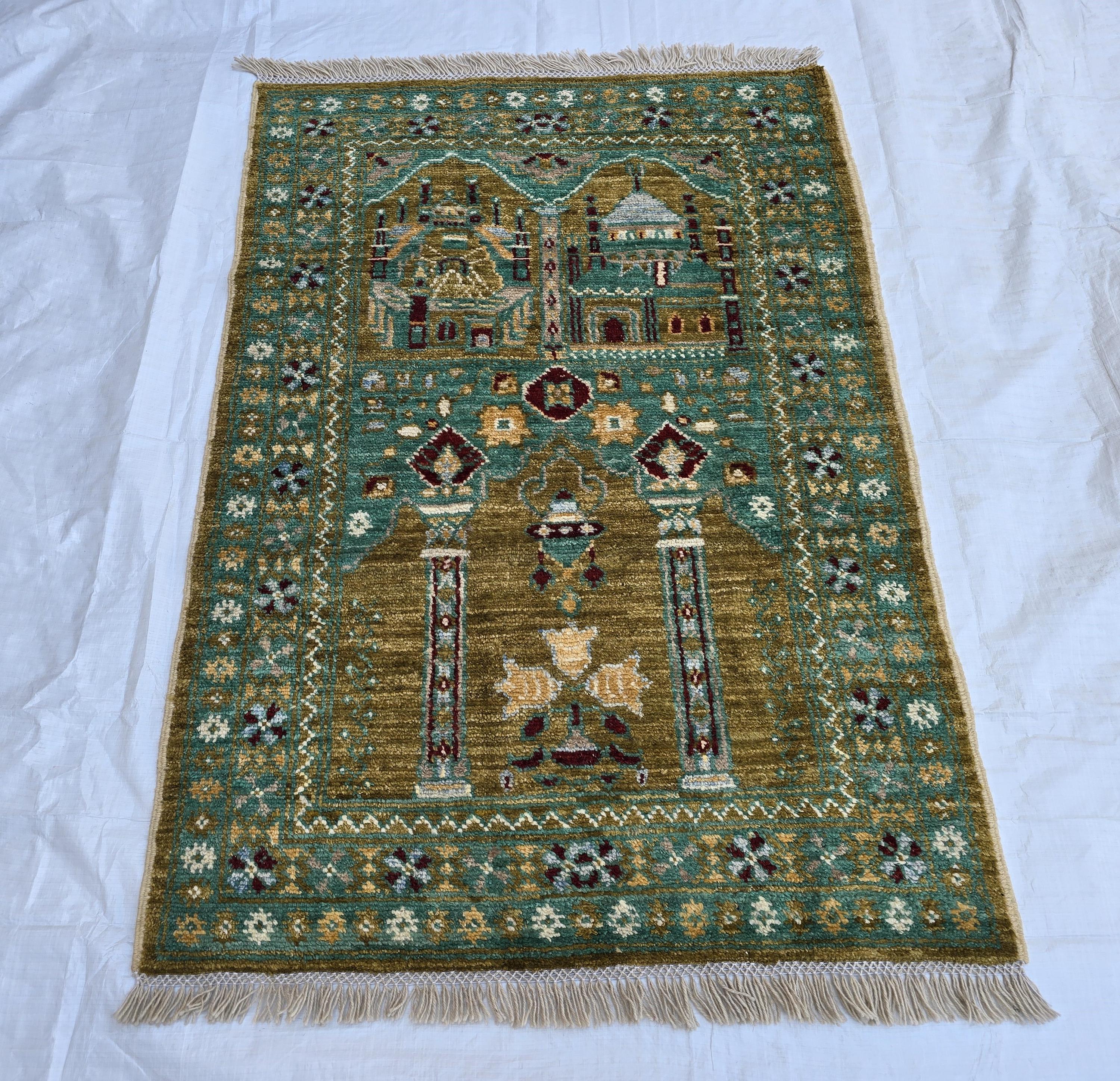 3x5 Turkmen Handwoven Jai Namaz, Rich Green Geometric Sift Pile Mat, Turkmen Wool Area Rug, Wall Hanging Rug, Home Decor, Afghan Art