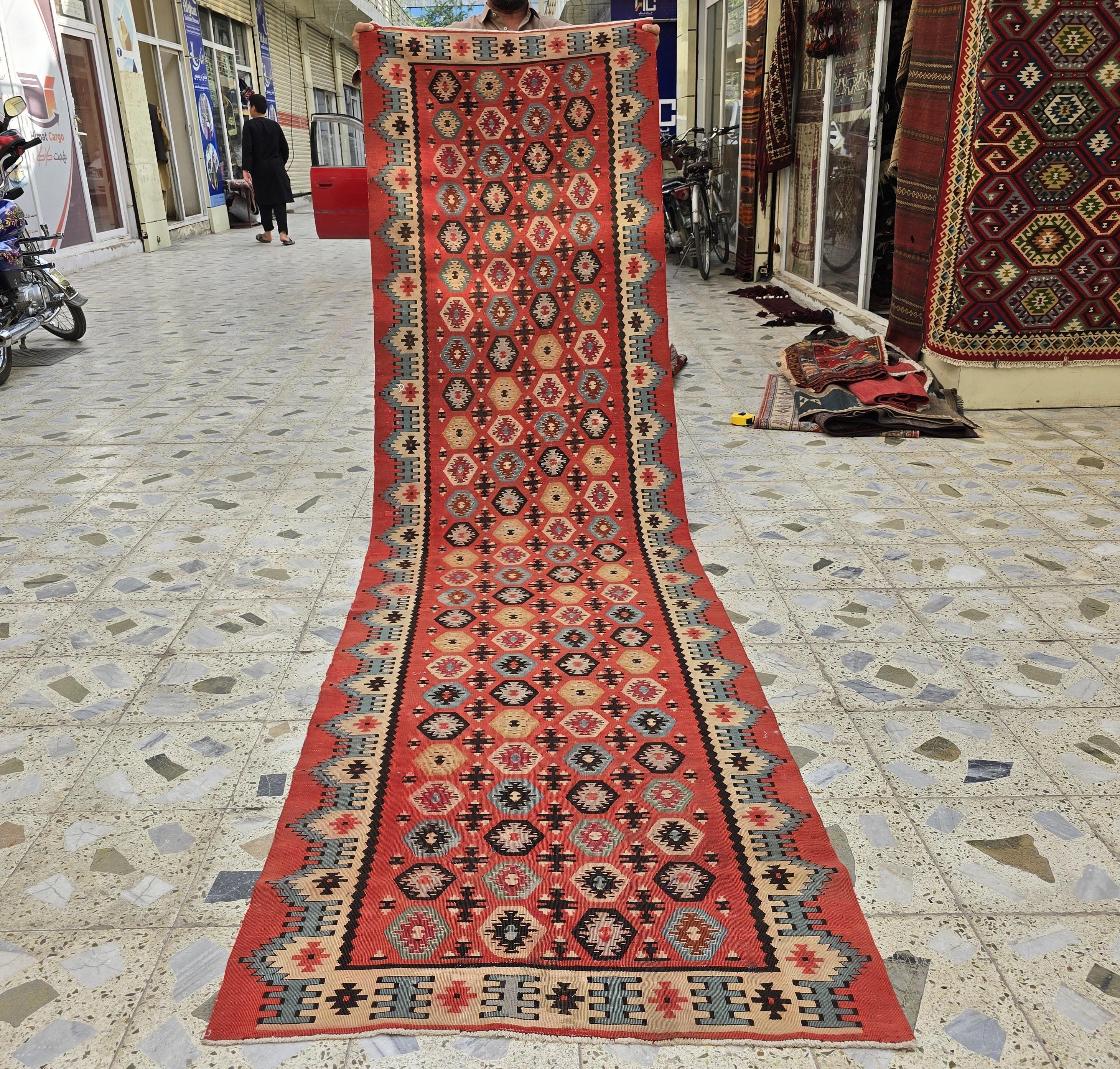 3x12 Vintage Afghan Kilim Runner – Handmade Tribal Red Multicolor Flatweave – Long Wool Corridor Rug, Geometric Pattern, Hallway Rug 340x92