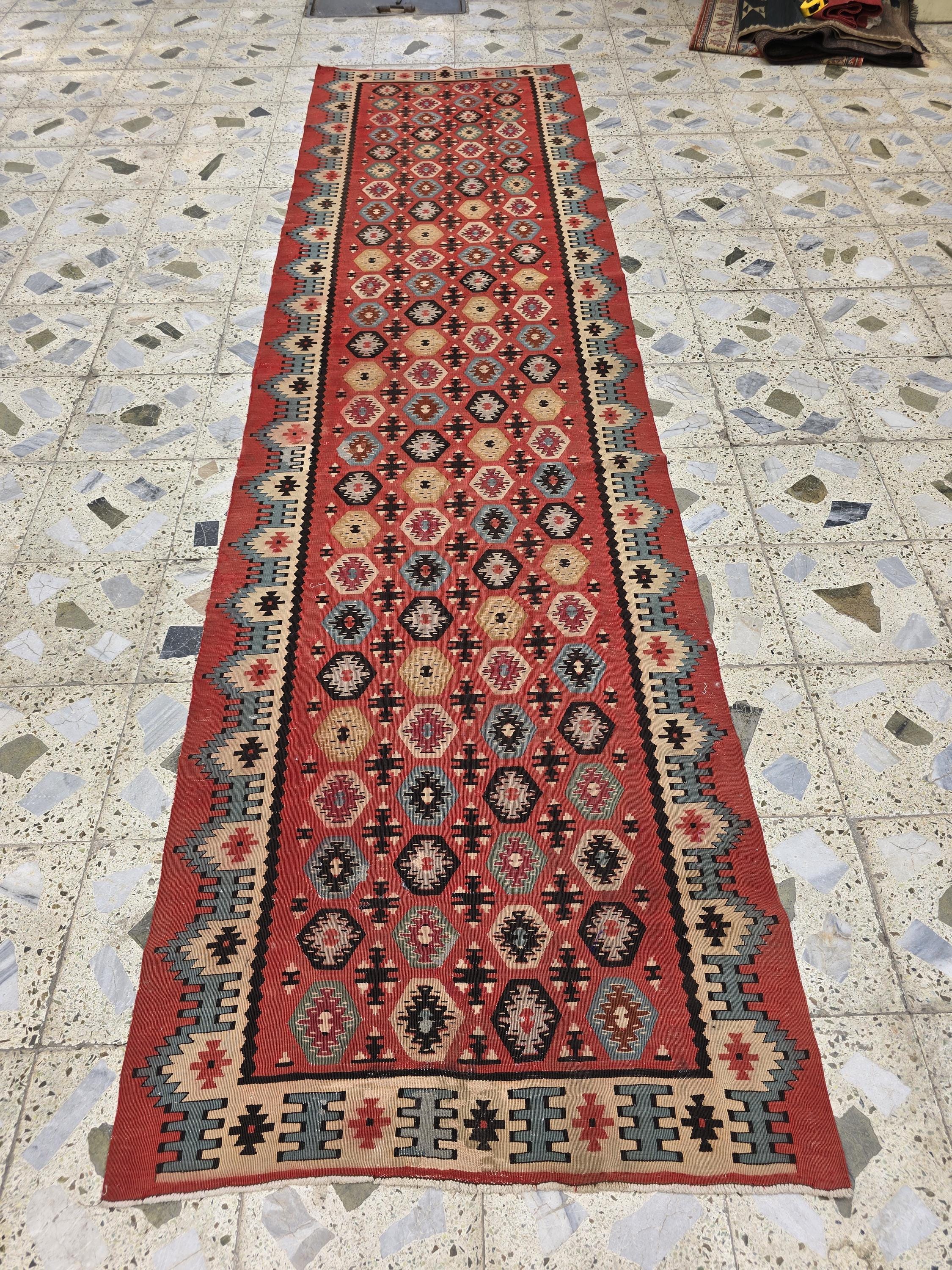 3x12 Vintage Afghan Kilim Runner – Handmade Tribal Red Multicolor Flatweave – Long Wool Corridor Rug, Geometric Pattern, Hallway Rug 340x92