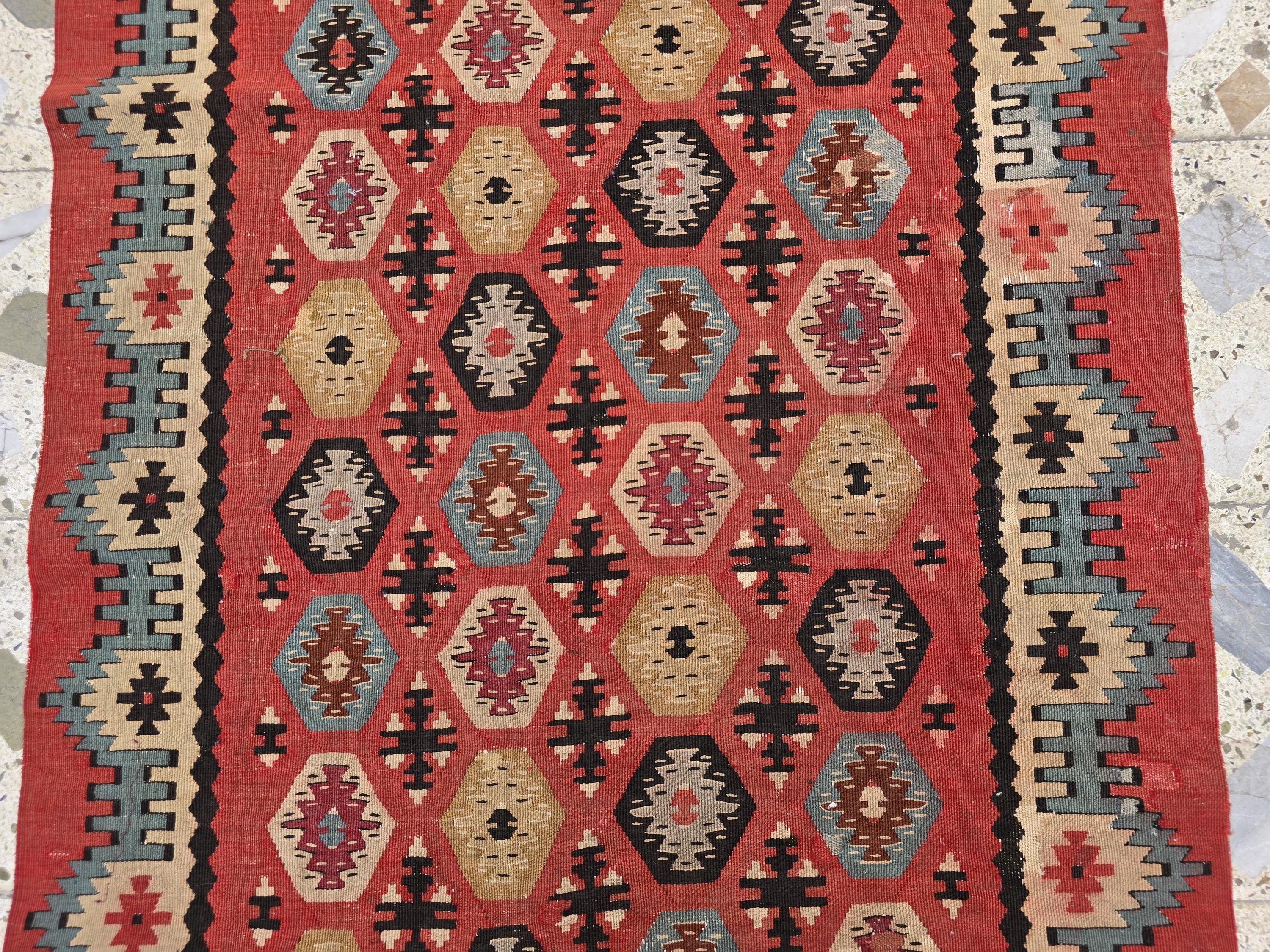 3x12 Vintage Afghan Kilim Runner – Handmade Tribal Red Multicolor Flatweave – Long Wool Corridor Rug, Geometric Pattern, Hallway Rug 340x92
