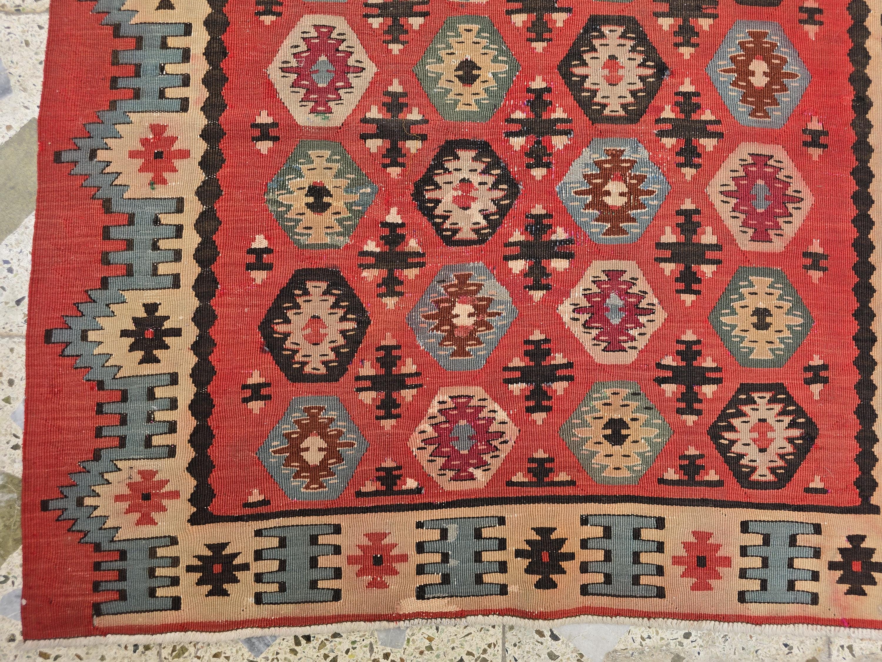 3x12 Vintage Afghan Kilim Runner – Handmade Tribal Red Multicolor Flatweave – Long Wool Corridor Rug, Geometric Pattern, Hallway Rug 340x92