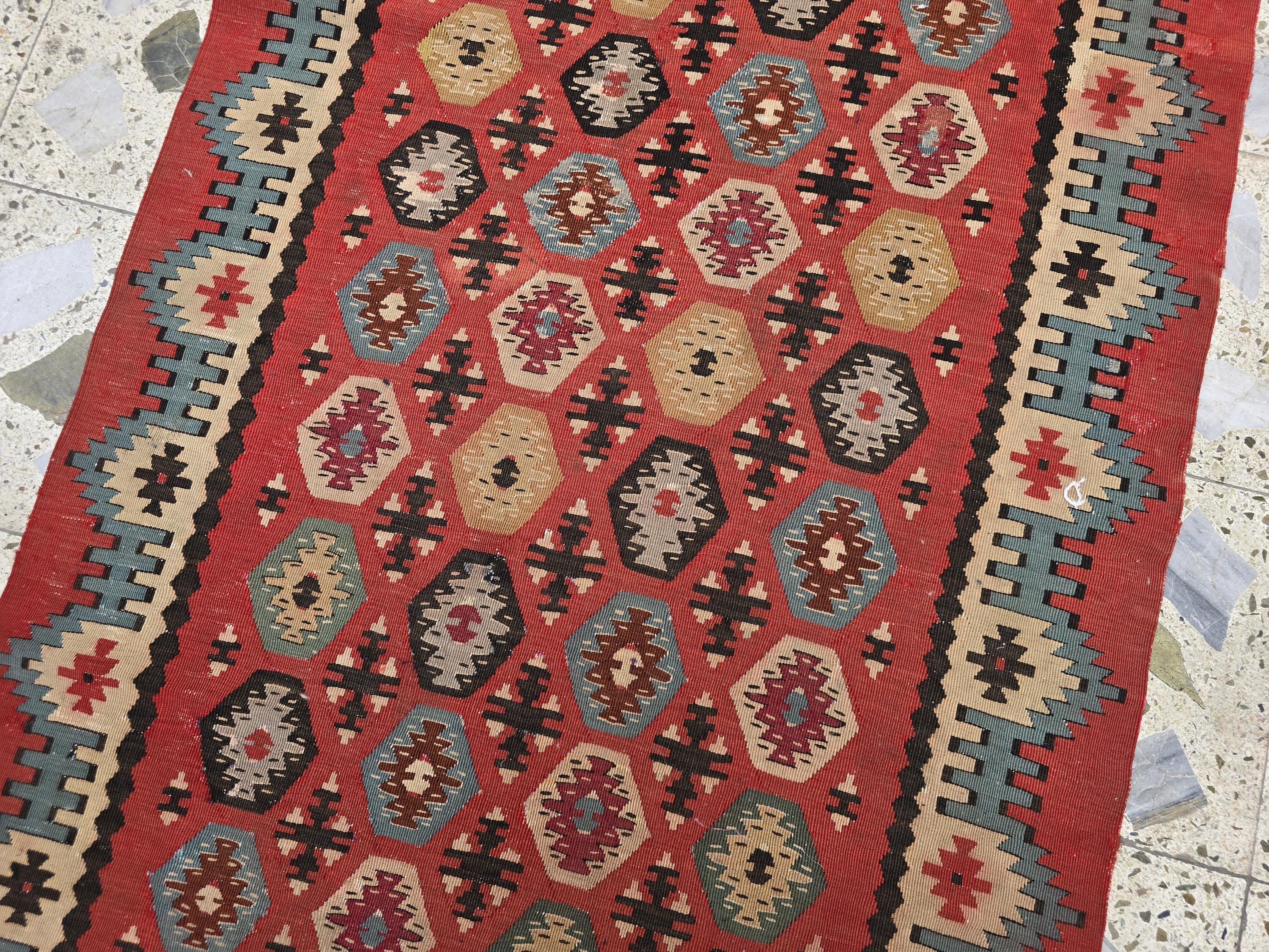 3x12 Vintage Afghan Kilim Runner – Handmade Tribal Red Multicolor Flatweave – Long Wool Corridor Rug, Geometric Pattern, Hallway Rug 340x92