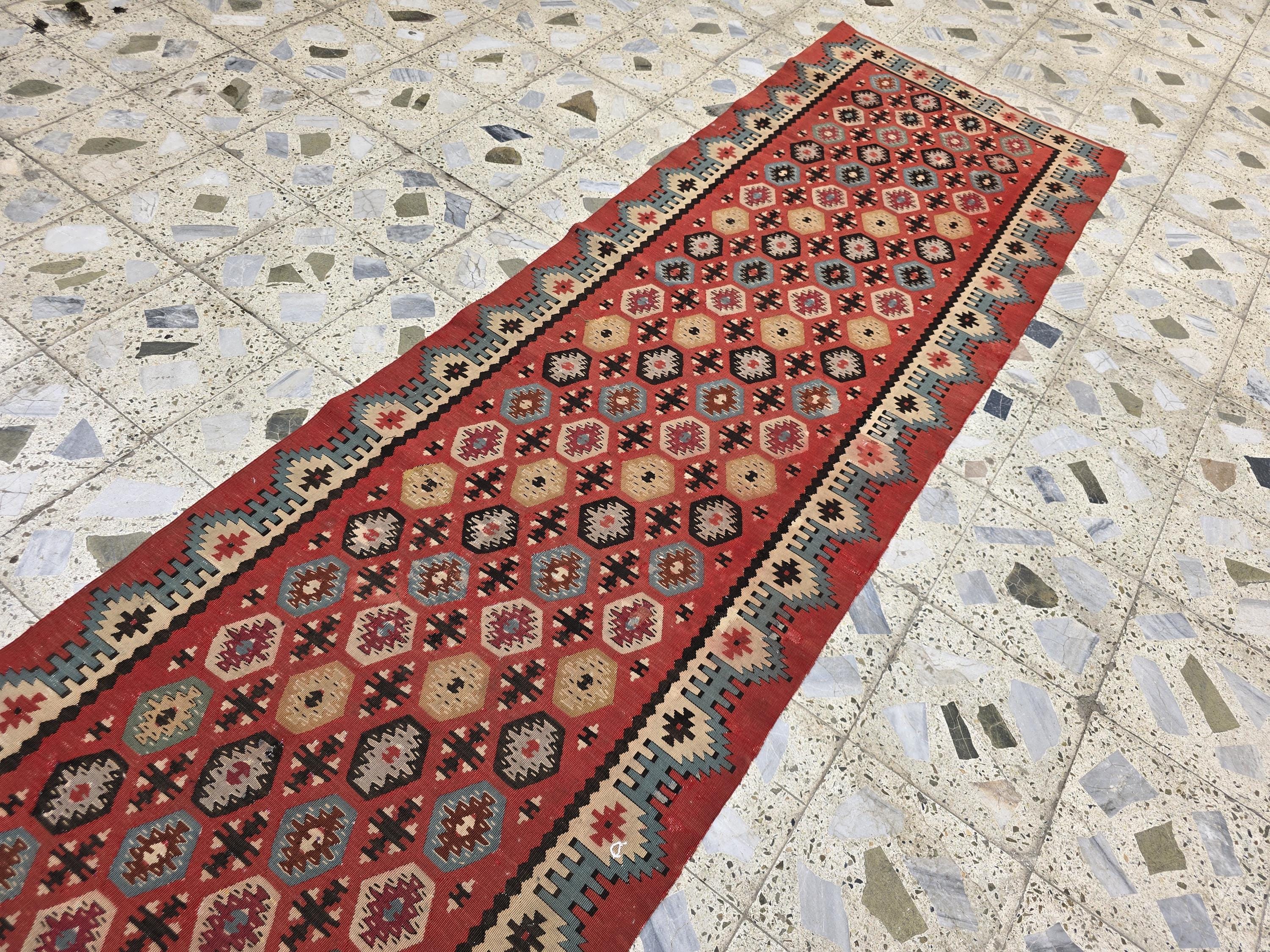 3x12 Vintage Afghan Kilim Runner – Handmade Tribal Red Multicolor Flatweave – Long Wool Corridor Rug, Geometric Pattern, Hallway Rug 340x92