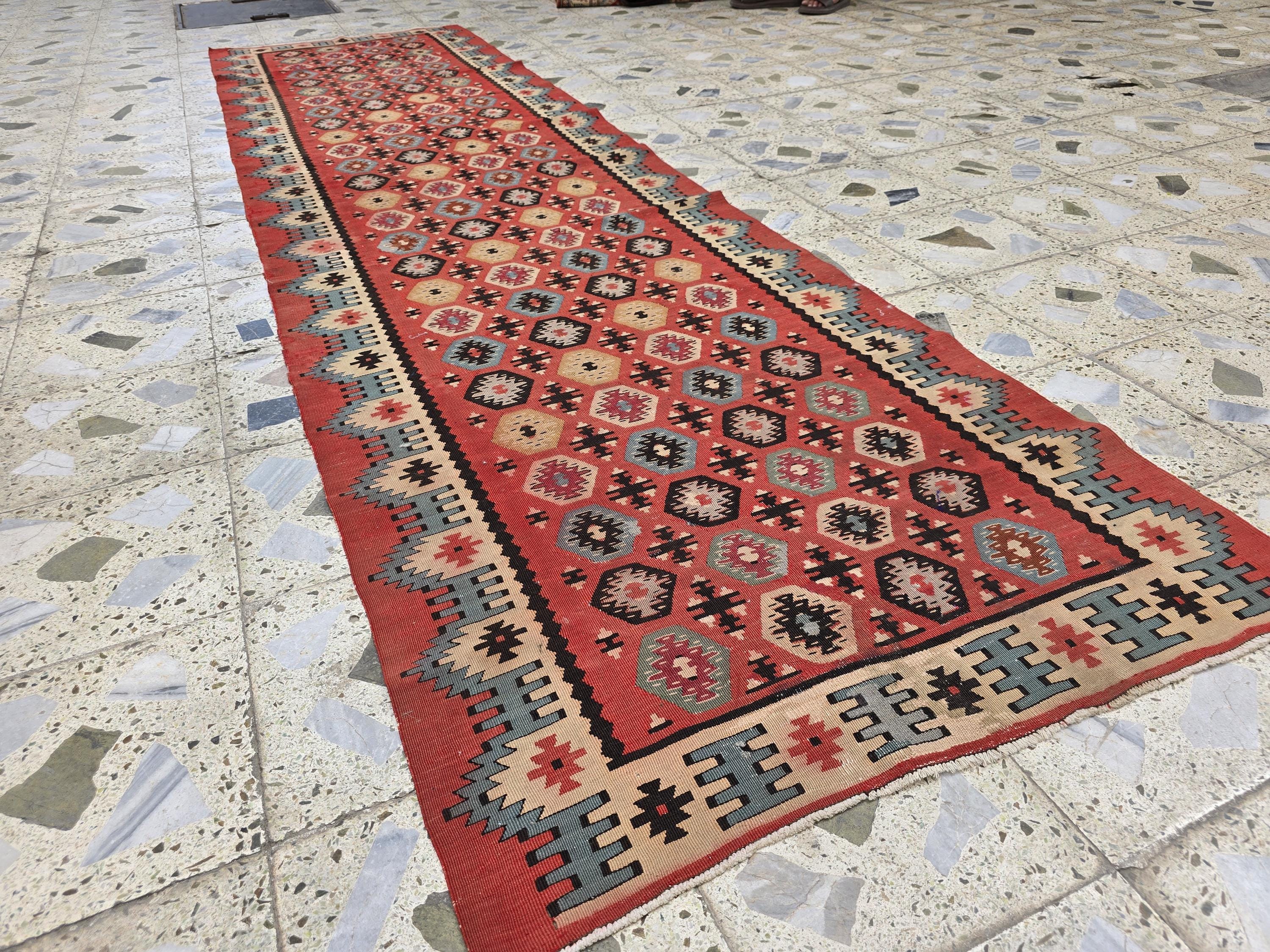 3x12 Vintage Afghan Kilim Runner – Handmade Tribal Red Multicolor Flatweave – Long Wool Corridor Rug, Geometric Pattern, Hallway Rug 340x92