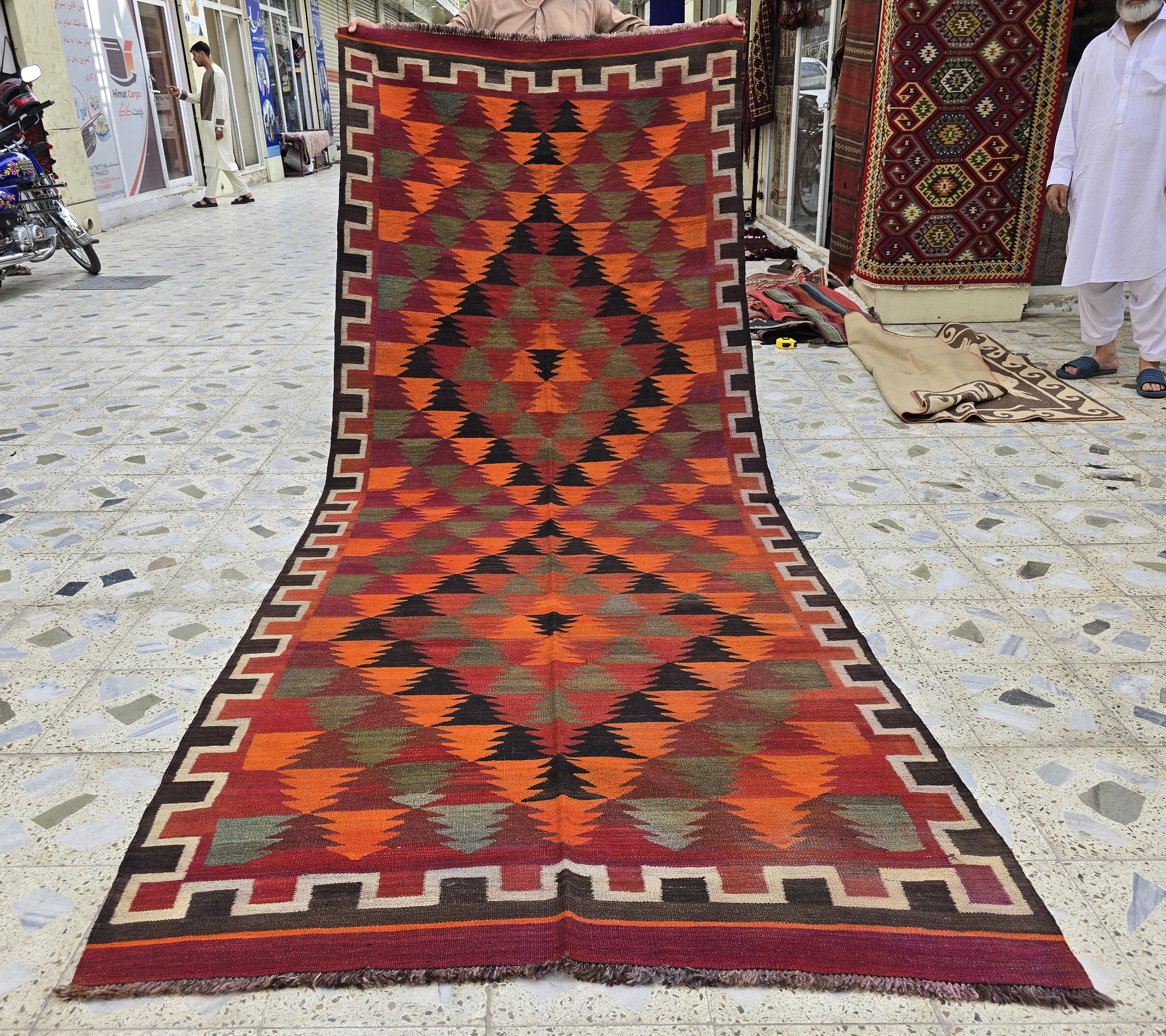 4x12 Large Vintage Afghan Kilim Rug – Handwoven Wool Tribal Geometric Runner – Boho Multicolor Hallway Rug, Earth Tones, Living Room Rug