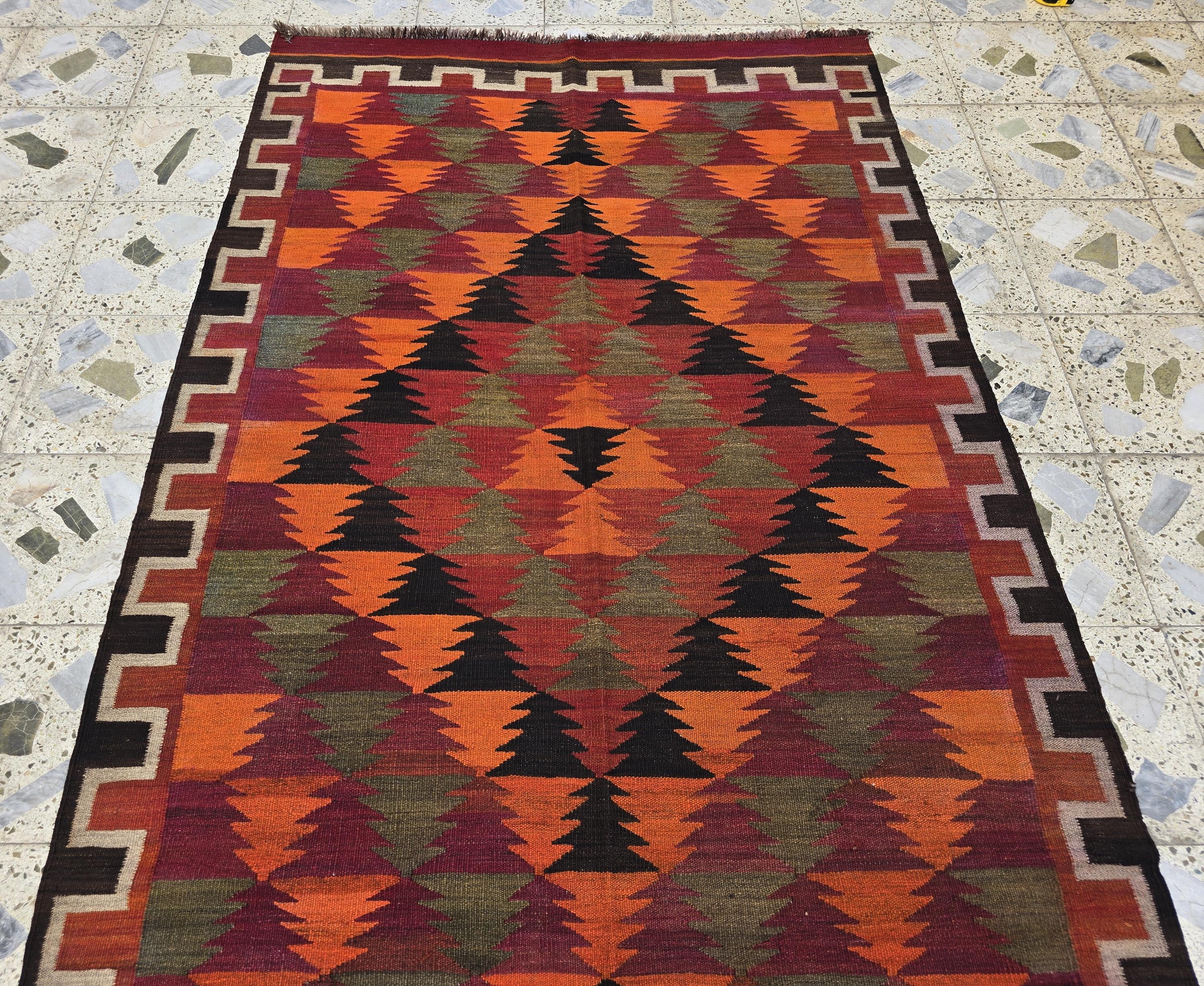 4x12 Large Vintage Afghan Kilim Rug – Handwoven Wool Tribal Geometric Runner – Boho Multicolor Hallway Rug, Earth Tones, Living Room Rug