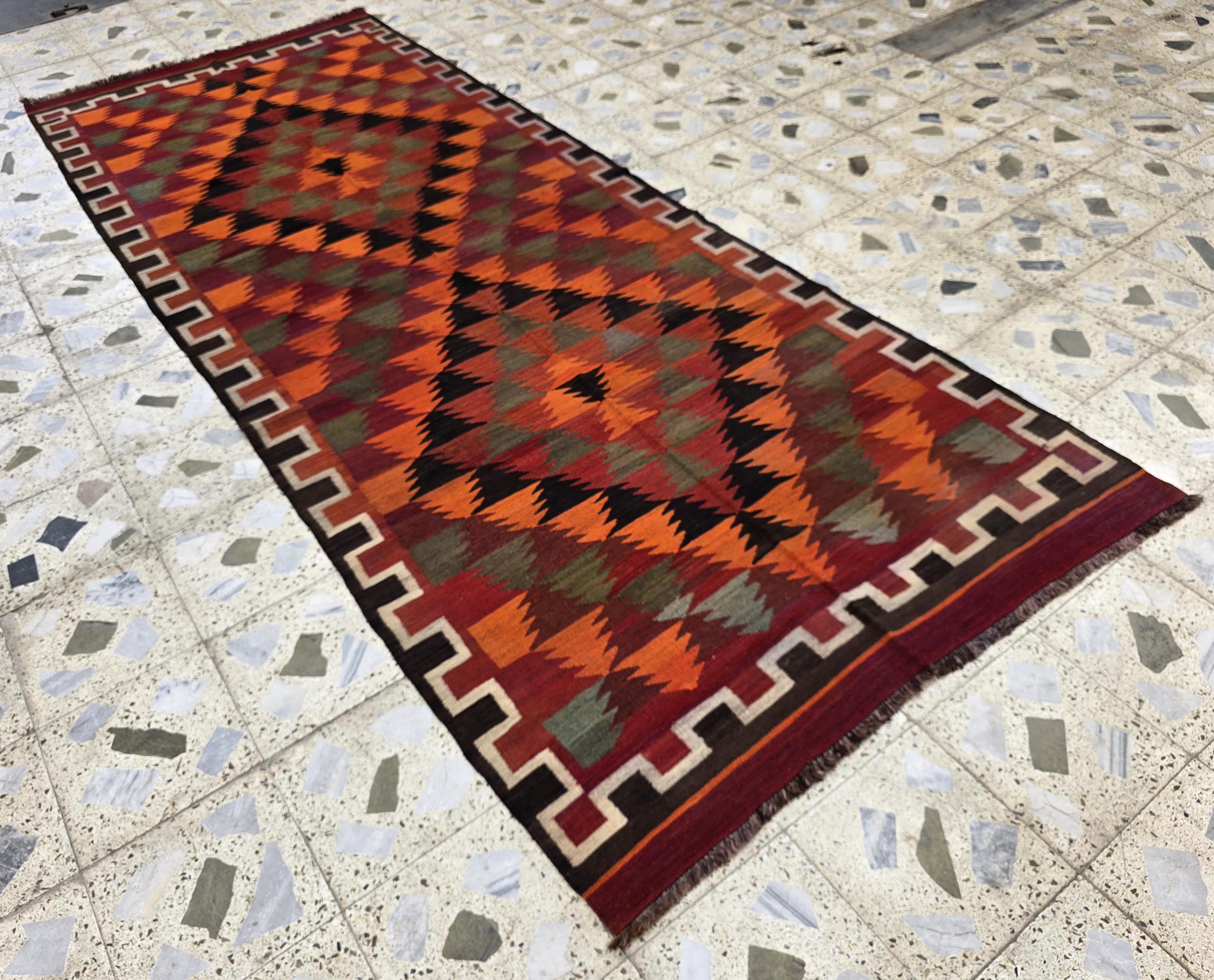 4x12 Large Vintage Afghan Kilim Rug – Handwoven Wool Tribal Geometric Runner – Boho Multicolor Hallway Rug, Earth Tones, Living Room Rug