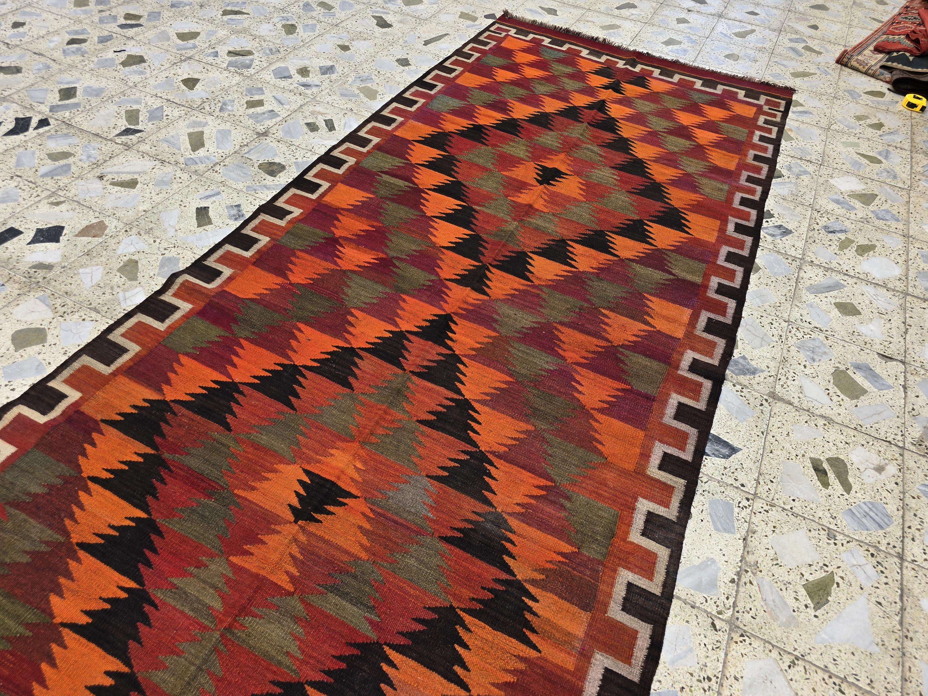 4x12 Large Vintage Afghan Kilim Rug – Handwoven Wool Tribal Geometric Runner – Boho Multicolor Hallway Rug, Earth Tones, Living Room Rug