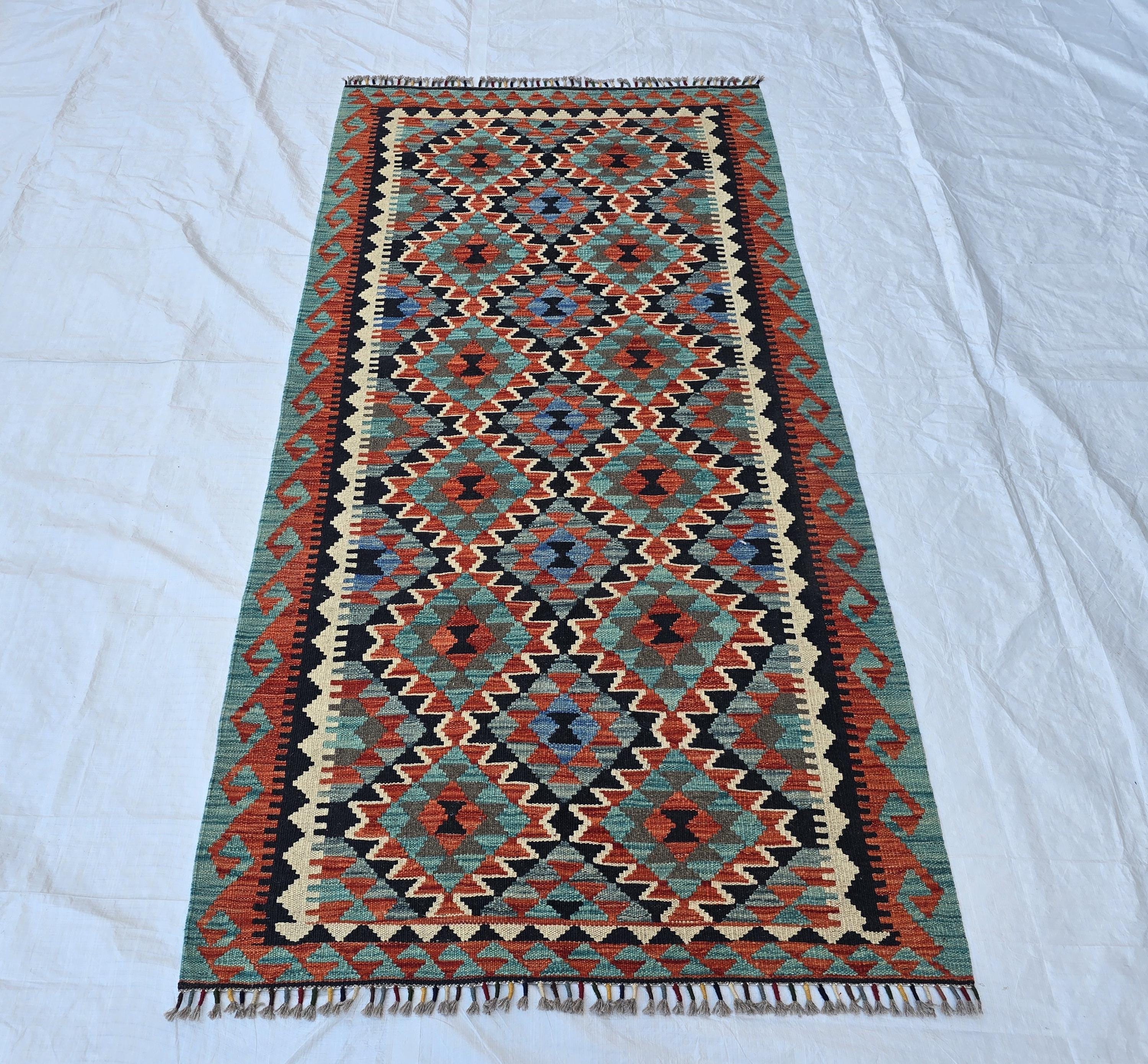 3x7 Multicolor Afghan Kilim Rug, Turkmen Flatweave Oriental Wool Floor Rug, Boho Home Decor, Hallway Rug, Entrance Rug, Kitchen Decor Rug